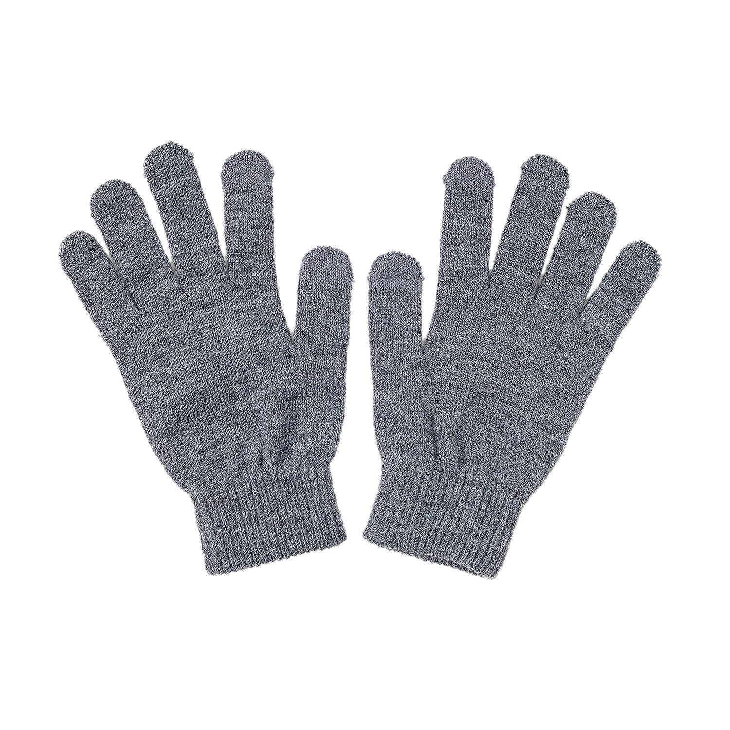 3 Piece Set - Winter Knit Slouchy Beanie Cap, Neck Warmer Scarf and Gloves - Light Grey