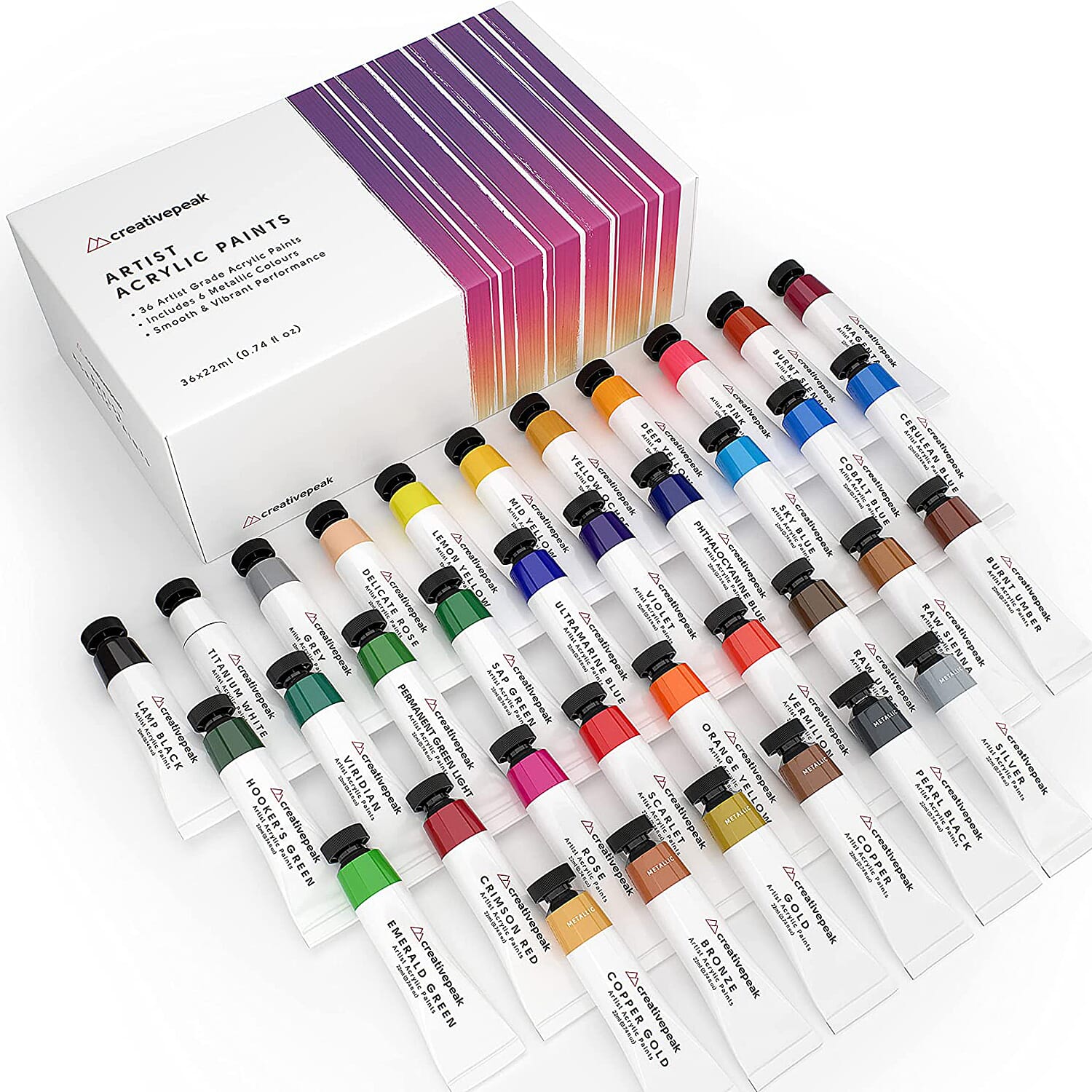 Creativepeak Acrylic Paint Set- 36 Piece Set with 6 New Metallic Colors