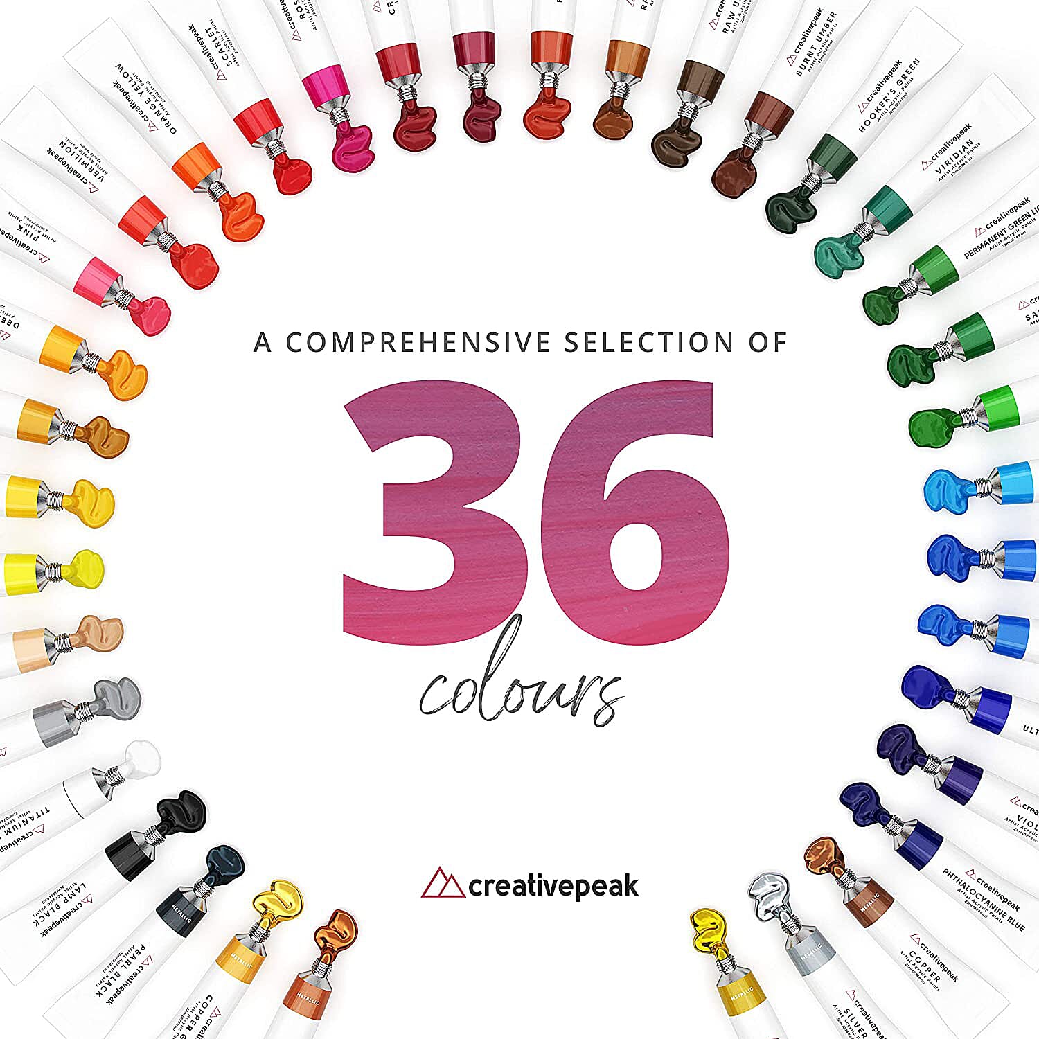 Creativepeak Acrylic Paint Set- 36 Piece Set with 6 New Metallic Colors