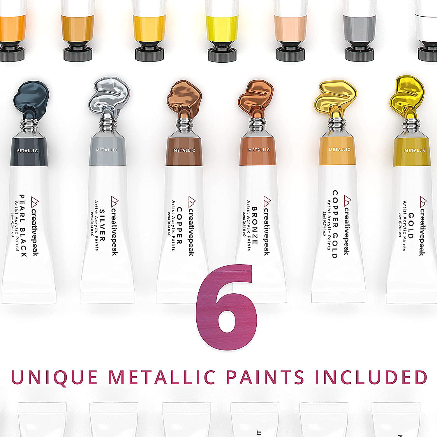 Creativepeak Acrylic Paint Set- 36 Piece Set with 6 New Metallic Colors