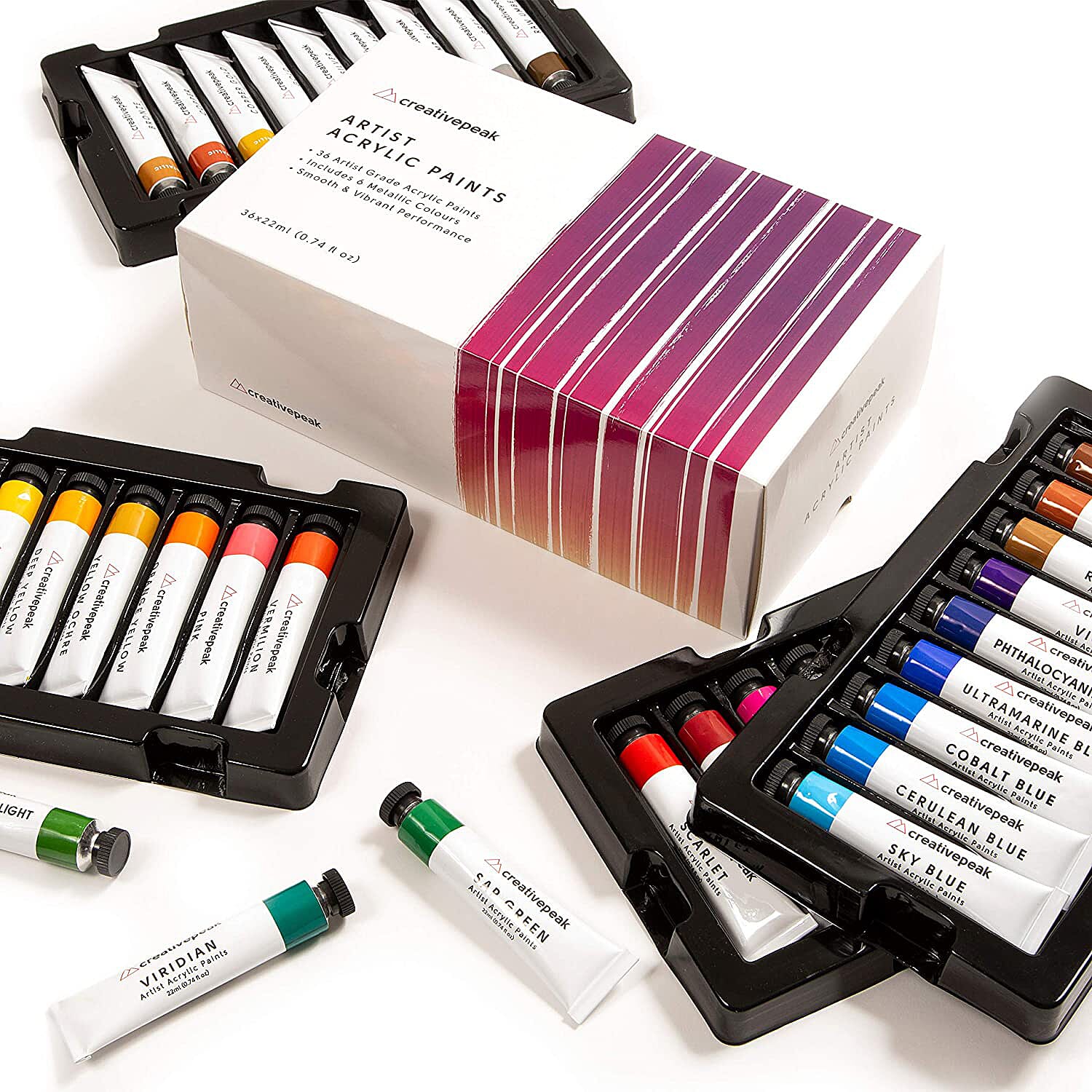 Creativepeak Acrylic Paint Set- 36 Piece Set with 6 New Metallic Colors