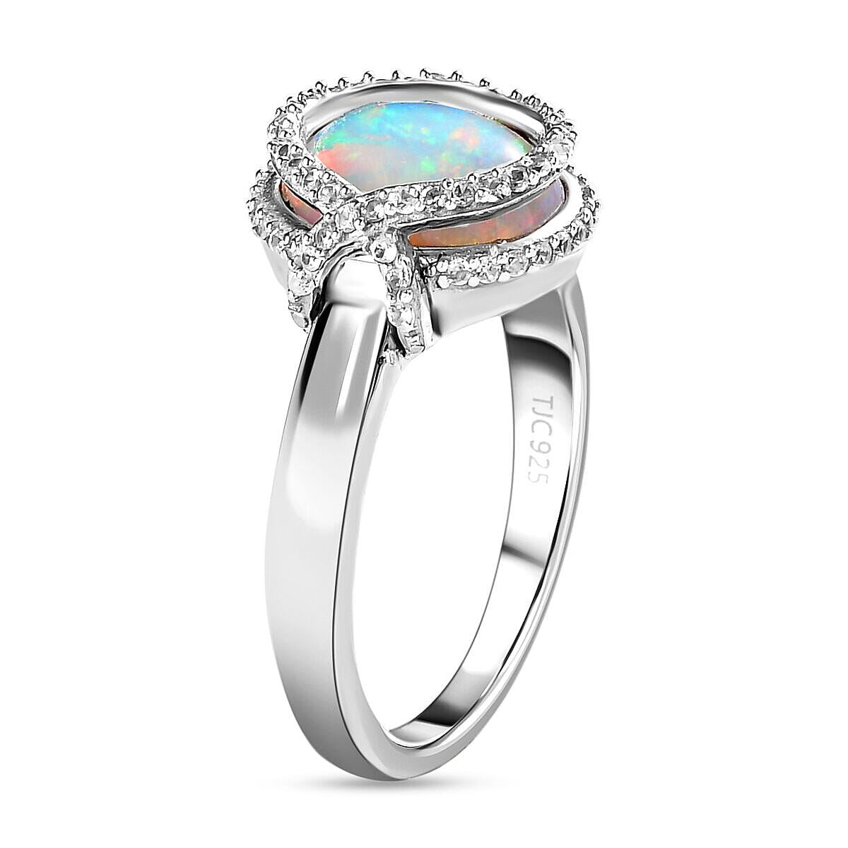 GP Art Deco Collection - Ethiopian Welo Opal and Natural Zircon Ring in Platinum Overlay Sterling Silver 2.19 Ct.