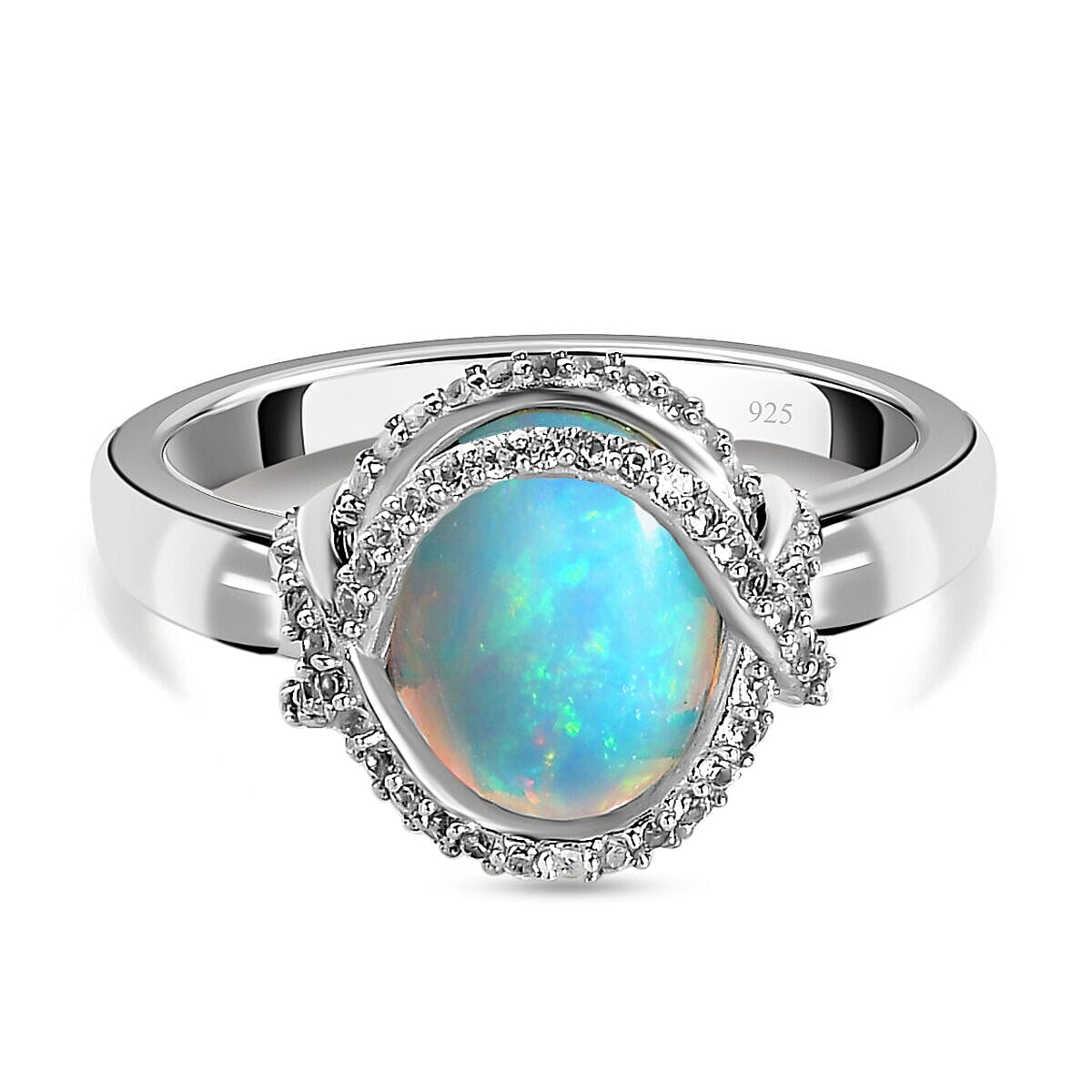 GP Art Deco Collection - Ethiopian Welo Opal and Natural Zircon Ring in Platinum Overlay Sterling Silver 2.19 Ct.