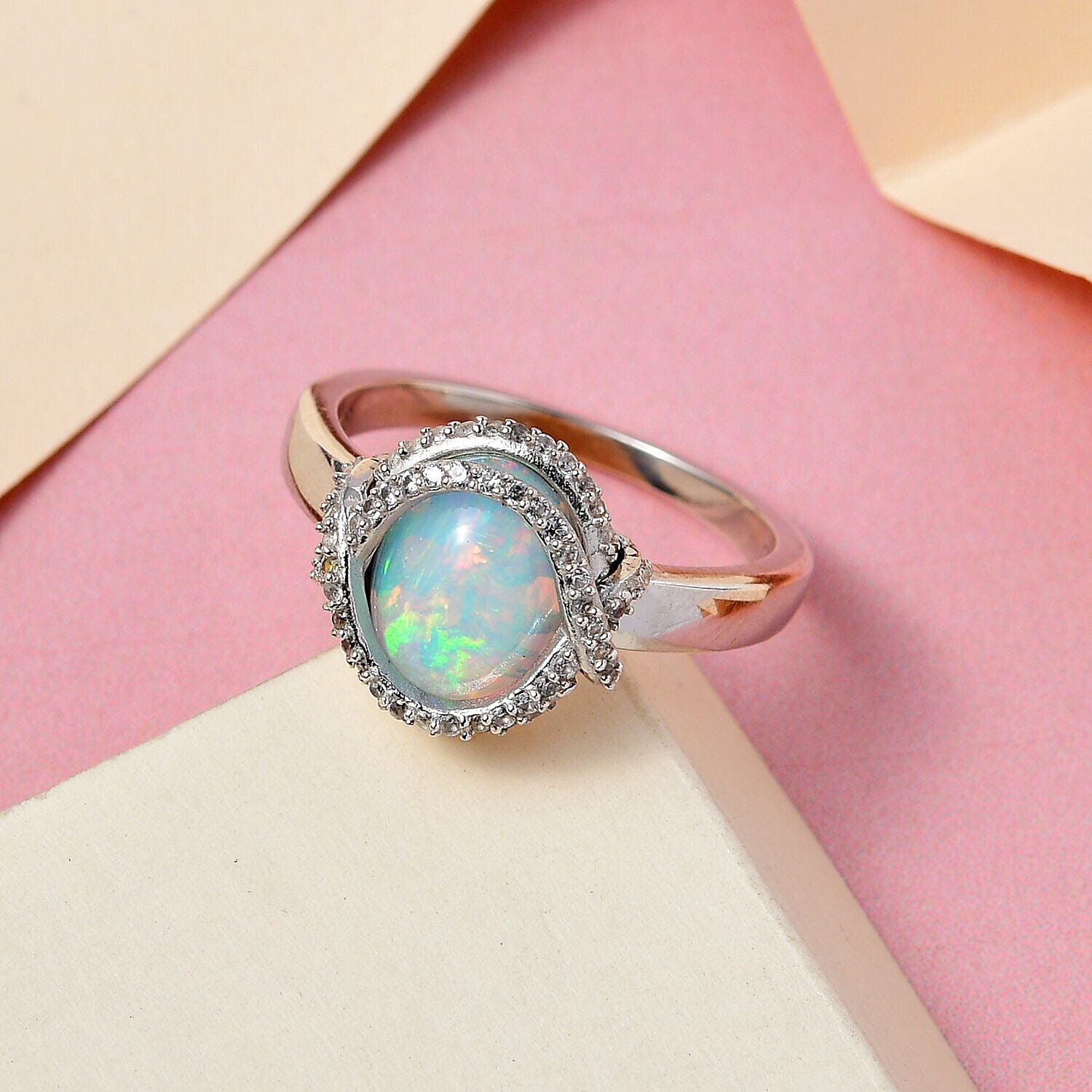 GP Art Deco Collection - Ethiopian Welo Opal and Natural Zircon Ring in Platinum Overlay Sterling Silver 2.19 Ct.