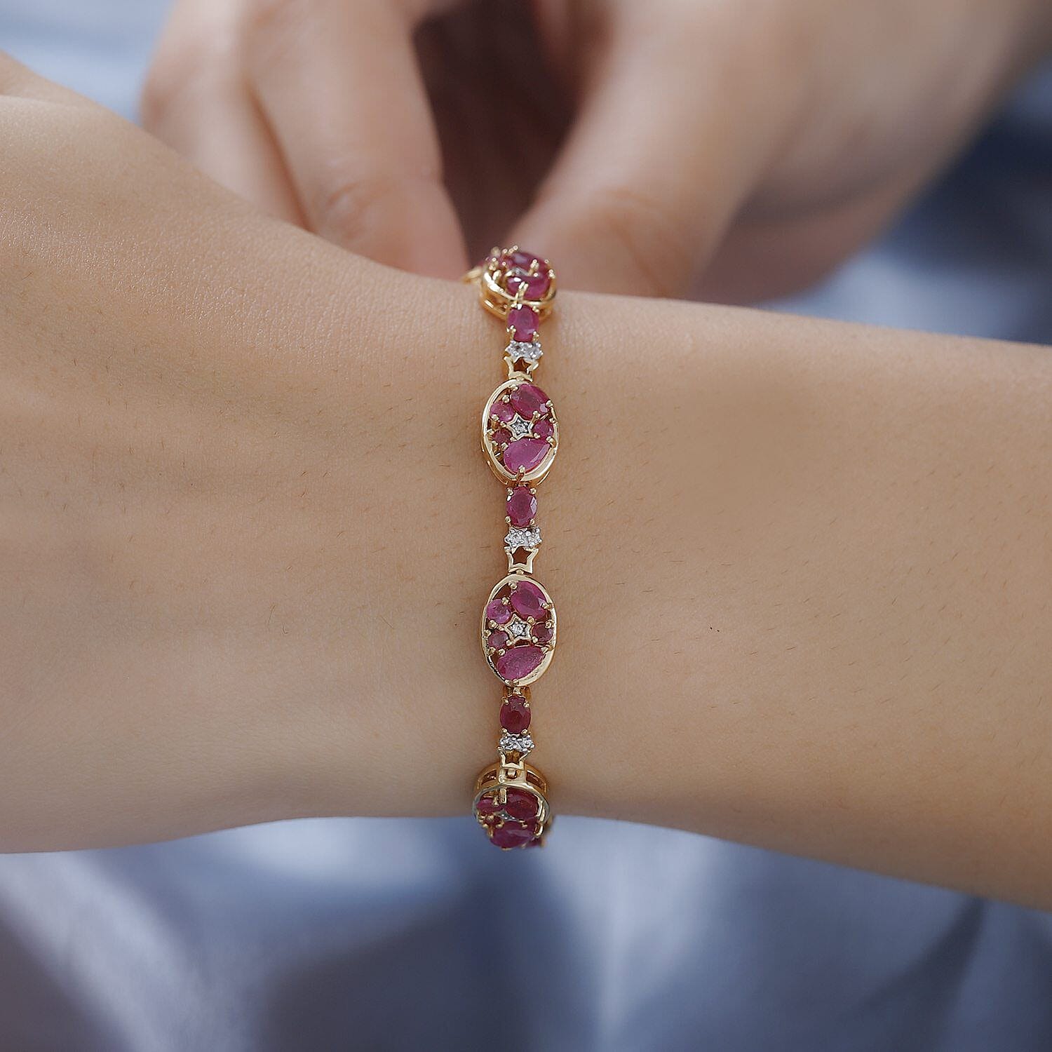 GP Celestial Collection - Cabo Delgado Ruby and Natural Cambodian Zircon Bracelet (Size - 7) in 18K Vermeil Yellow Gold Overlay Sterling Silver 9.810 Ct, Silver Wt. 13.40 Gms