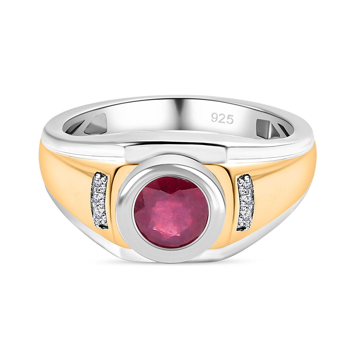 African Ruby (FF) & Natural Zircon Ring in 18K Yellow Gold Vermeil Plated & Platinum Overlay Sterling Silver 1.97 Ct, Silver Wt 6 Gms