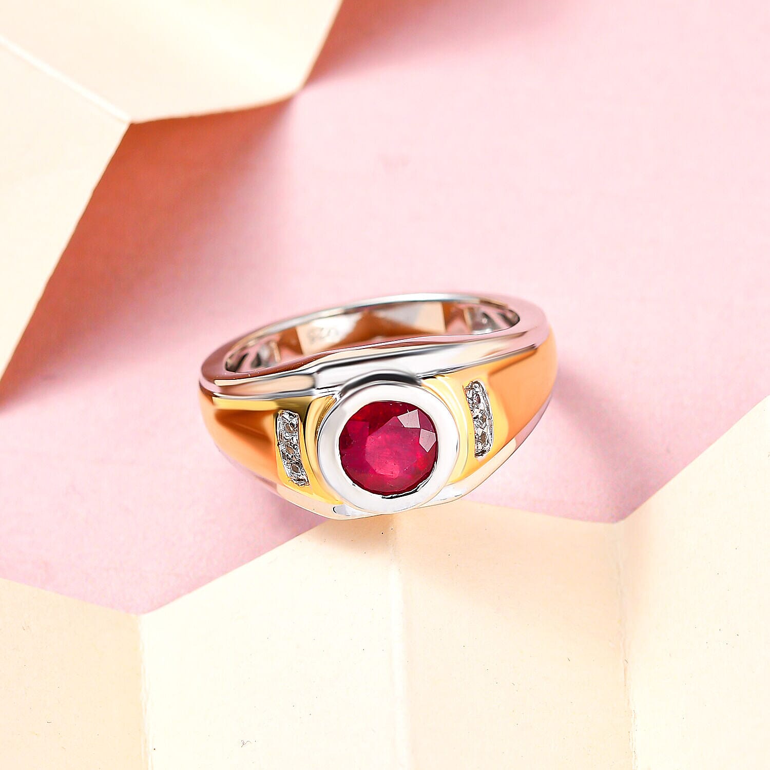 African Ruby (FF) & Natural Zircon Ring in 18K Yellow Gold Vermeil Plated & Platinum Overlay Sterling Silver 1.97 Ct, Silver Wt 6 Gms