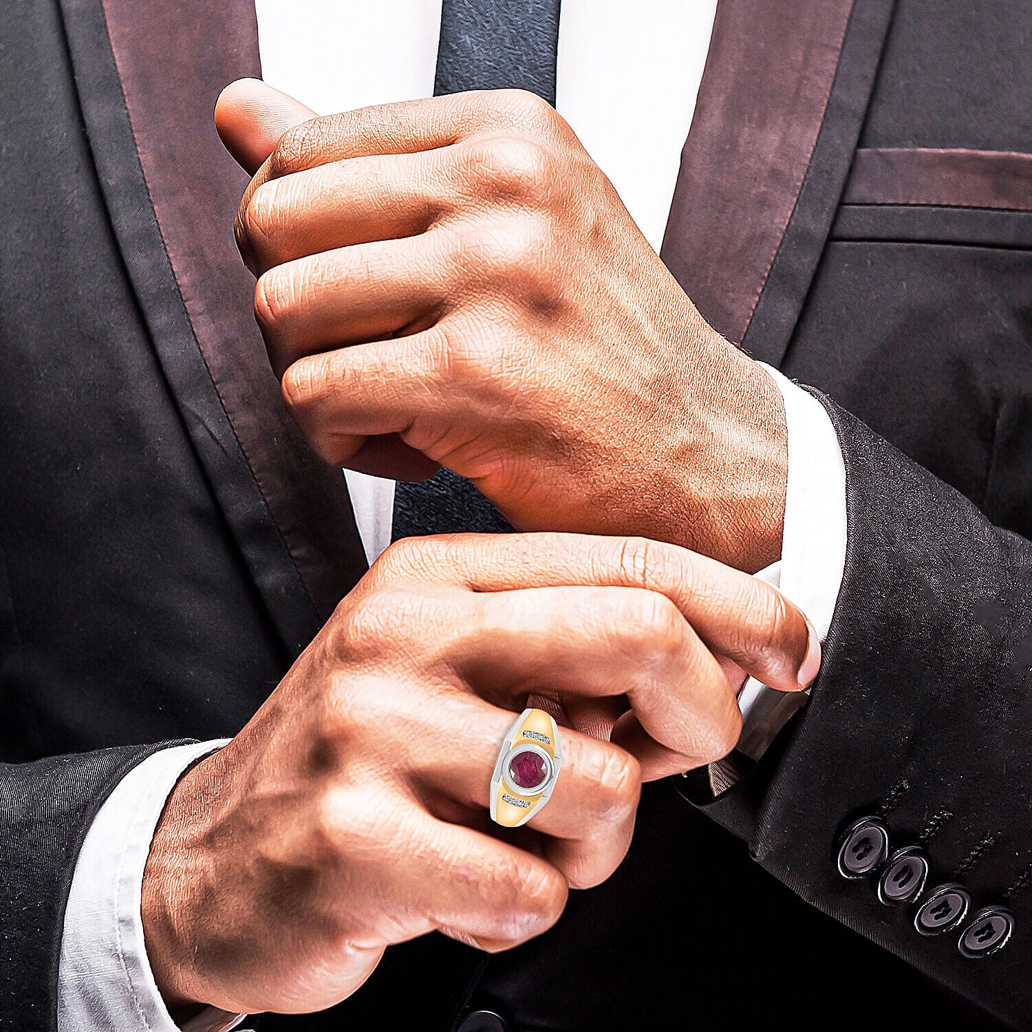 African Ruby (FF) & Natural Zircon Ring in 18K Yellow Gold Vermeil Plated & Platinum Overlay Sterling Silver 1.97 Ct, Silver Wt 6 Gms