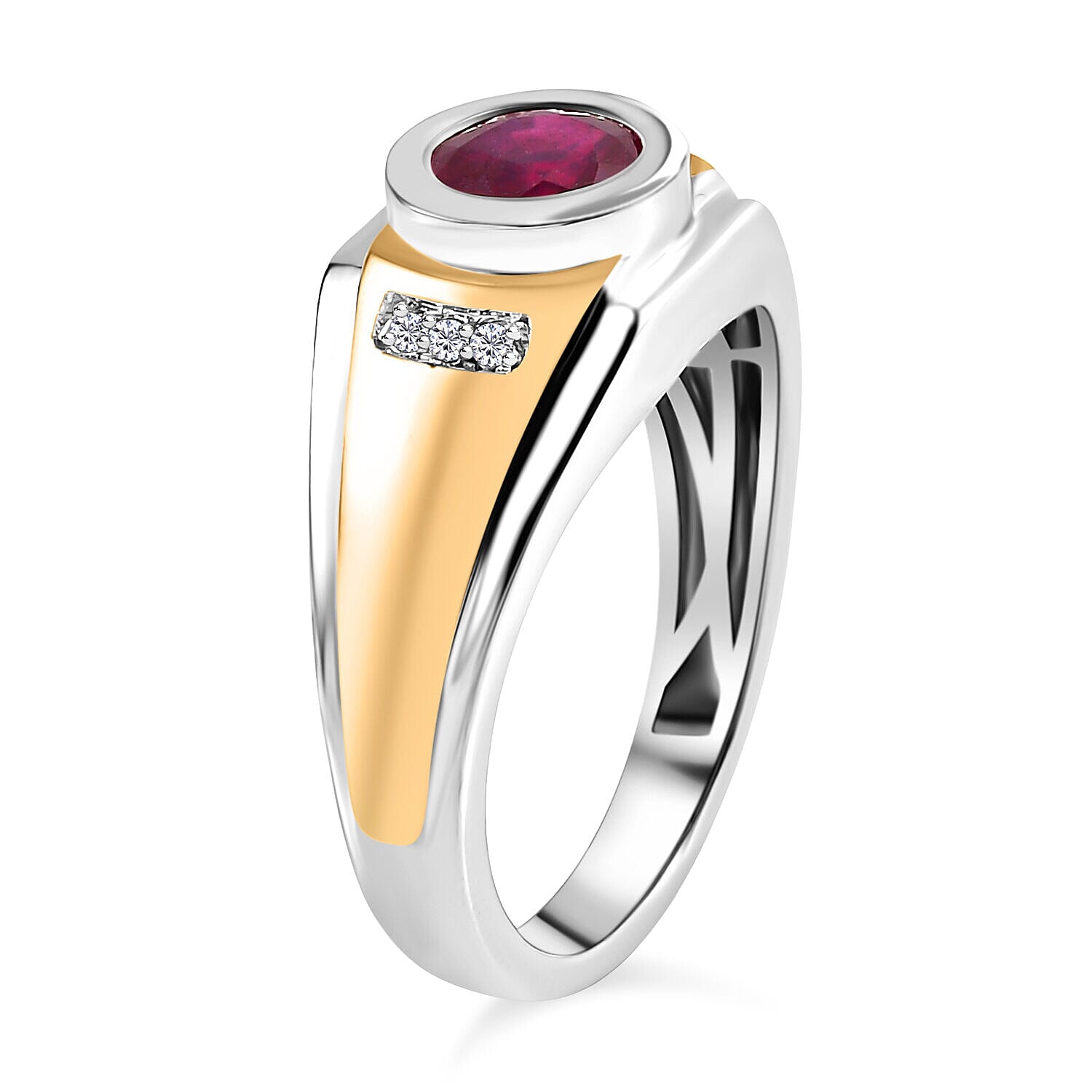 African Ruby (FF) & Natural Zircon Ring in 18K Yellow Gold Vermeil Plated & Platinum Overlay Sterling Silver 1.97 Ct, Silver Wt 6 Gms