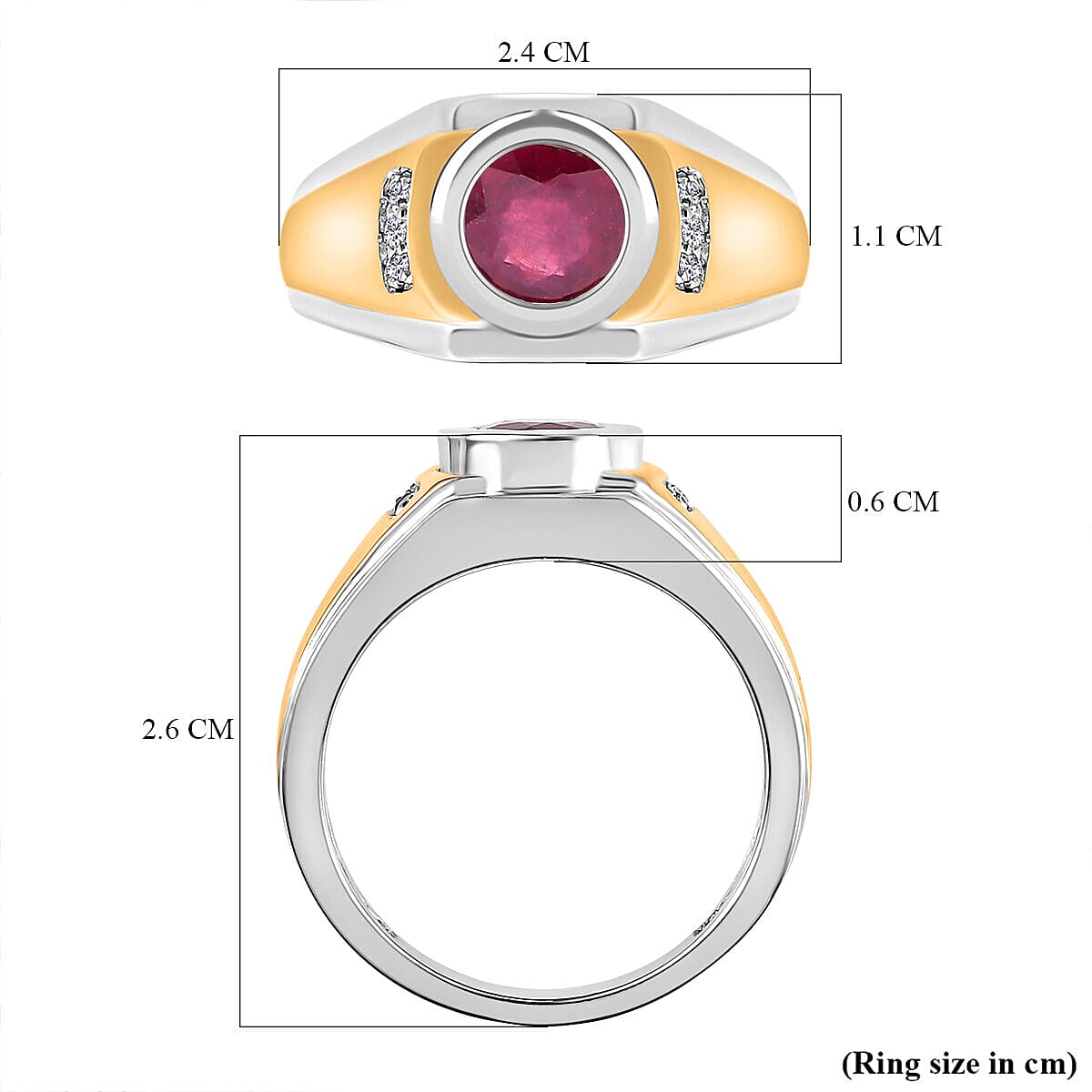 African Ruby (FF) & Natural Zircon Ring in 18K Yellow Gold Vermeil Plated & Platinum Overlay Sterling Silver 1.97 Ct, Silver Wt 6 Gms