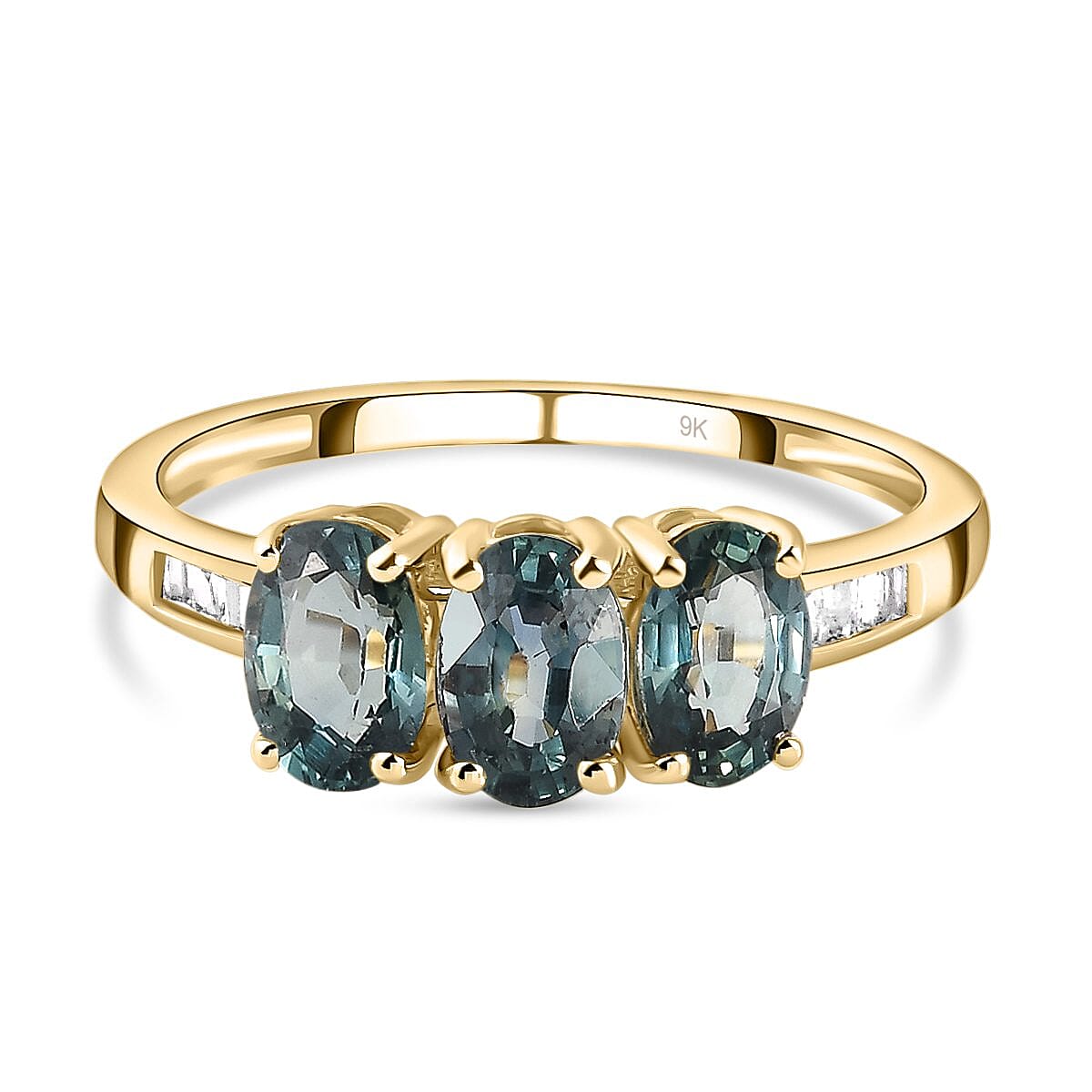 9K Yellow Gold Ocean Teal Sapphire and Diamond Ring 1.55 Ct.