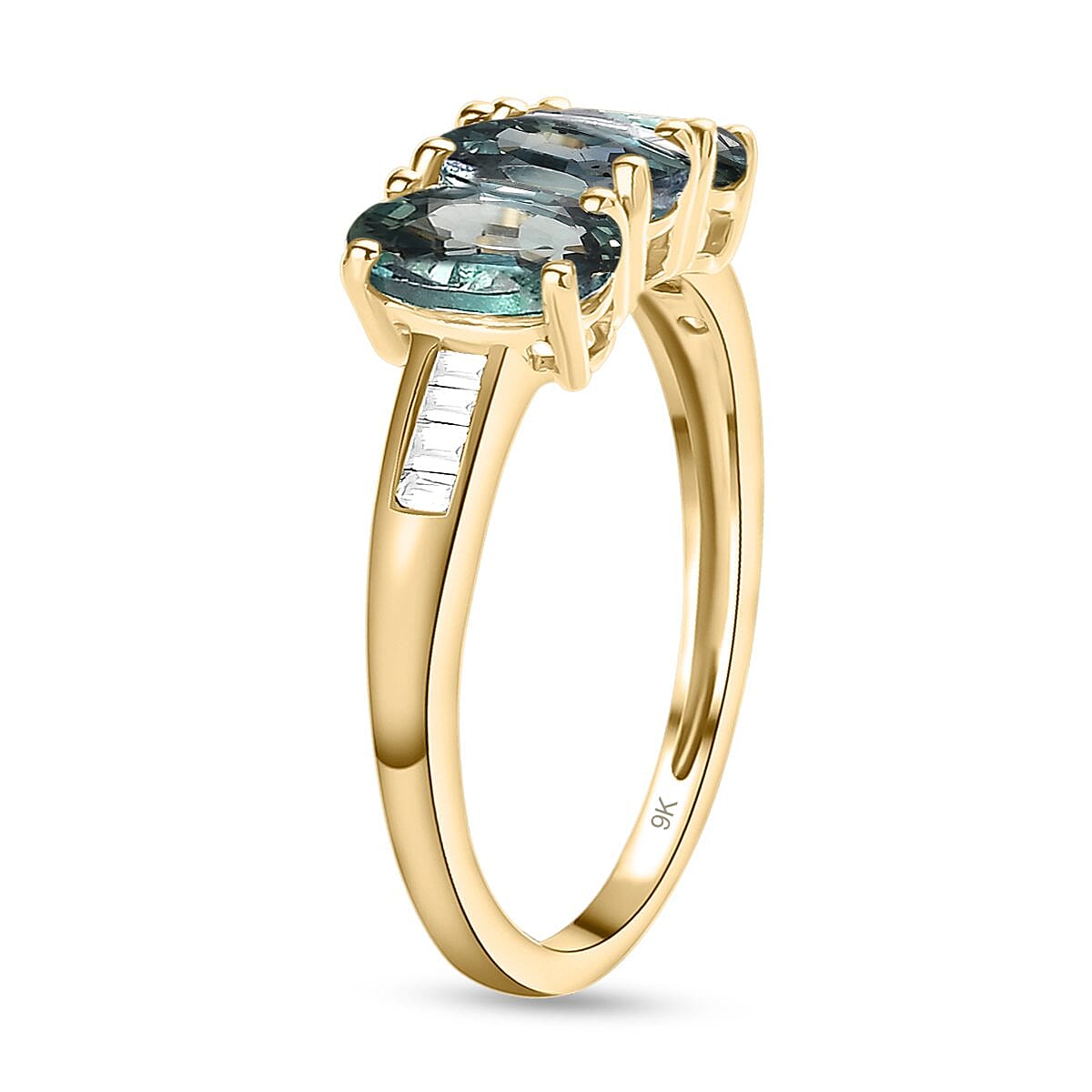 9K Yellow Gold Ocean Teal Sapphire and Diamond Ring 1.55 Ct.
