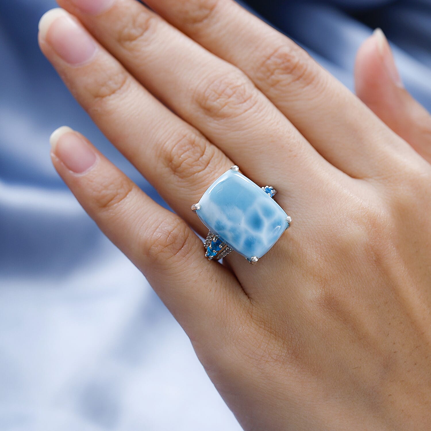 Doorbuster - Larimar, Natural Zircon and Neon Apatite Ring in Platinum Overlay Sterling Silver 20.04 Ct.