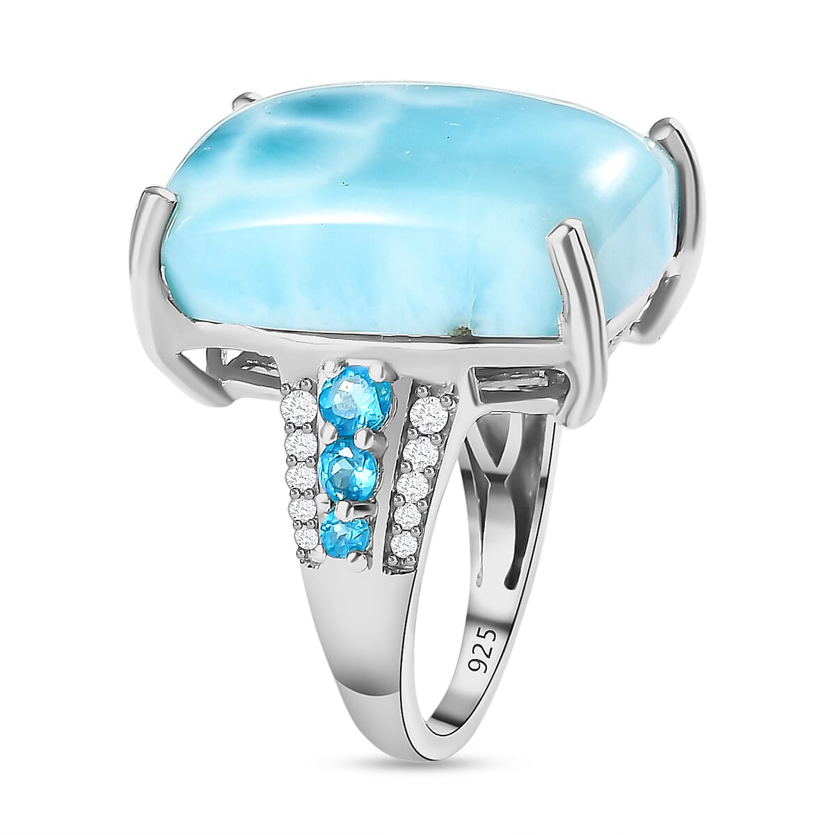 Doorbuster - Larimar, Natural Zircon and Neon Apatite Ring in Platinum Overlay Sterling Silver 20.04 Ct.