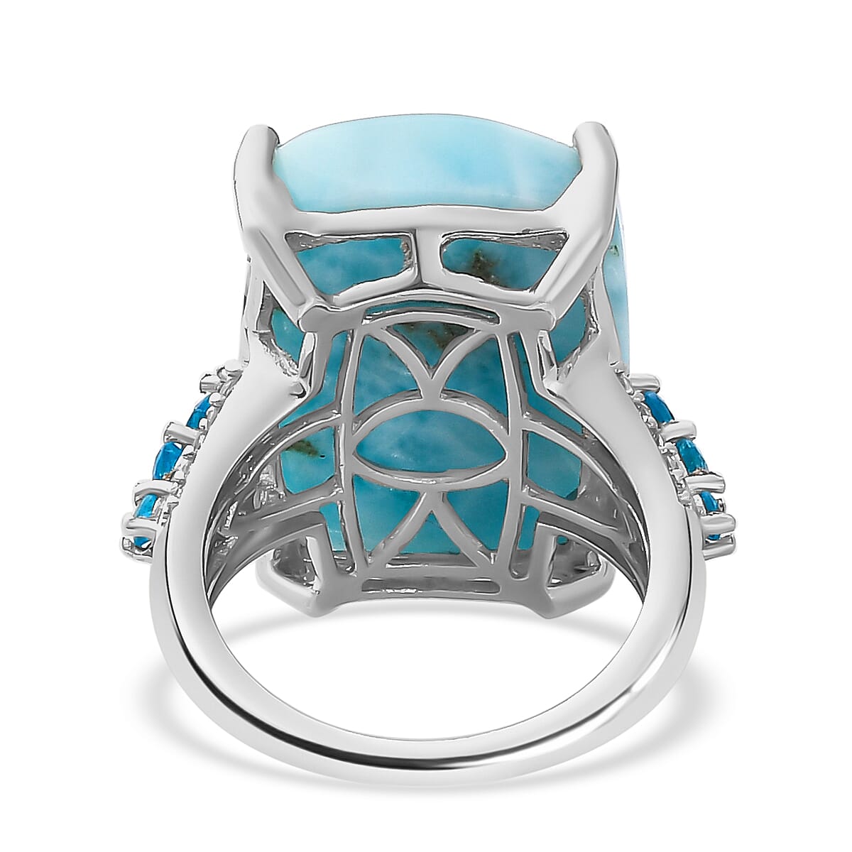 Doorbuster - Larimar, Natural Zircon and Neon Apatite Ring in Platinum Overlay Sterling Silver 20.04 Ct.