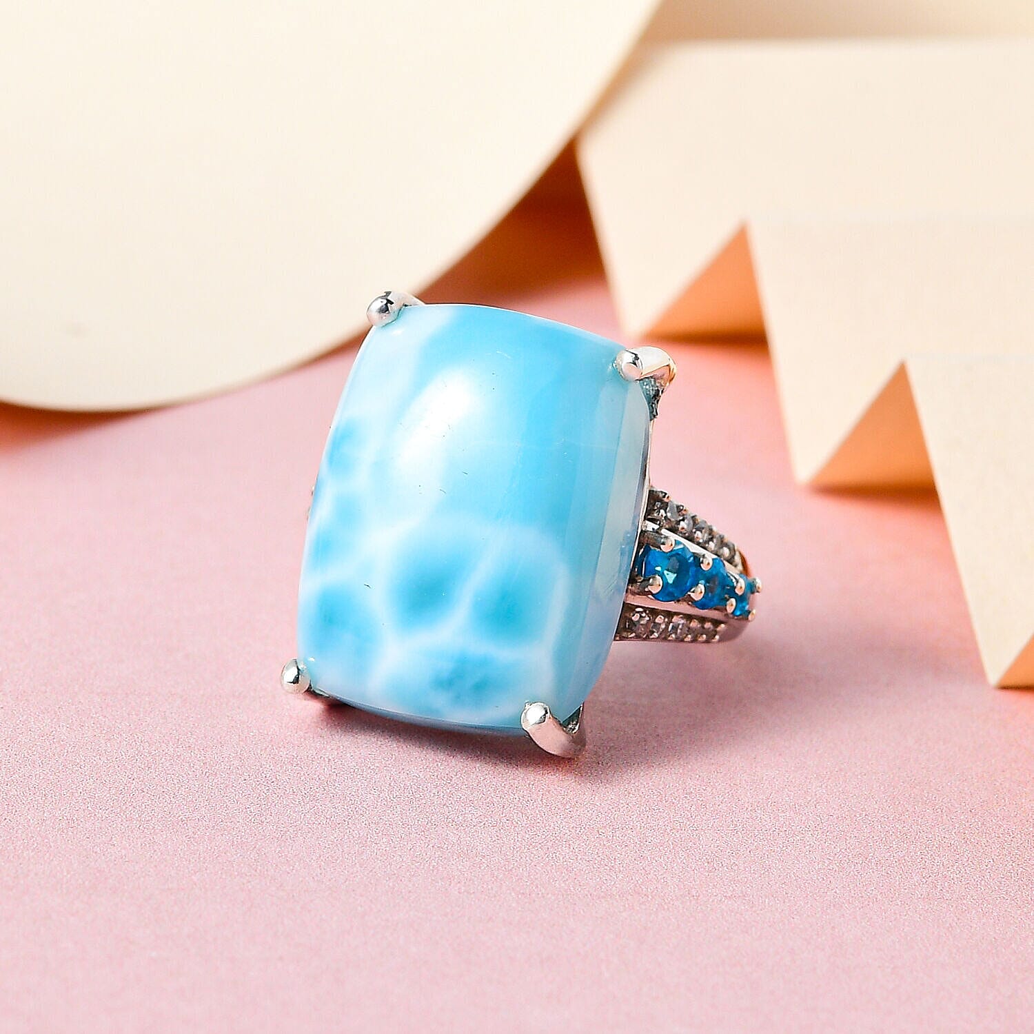 Doorbuster - Larimar, Natural Zircon and Neon Apatite Ring in Platinum Overlay Sterling Silver 20.04 Ct.