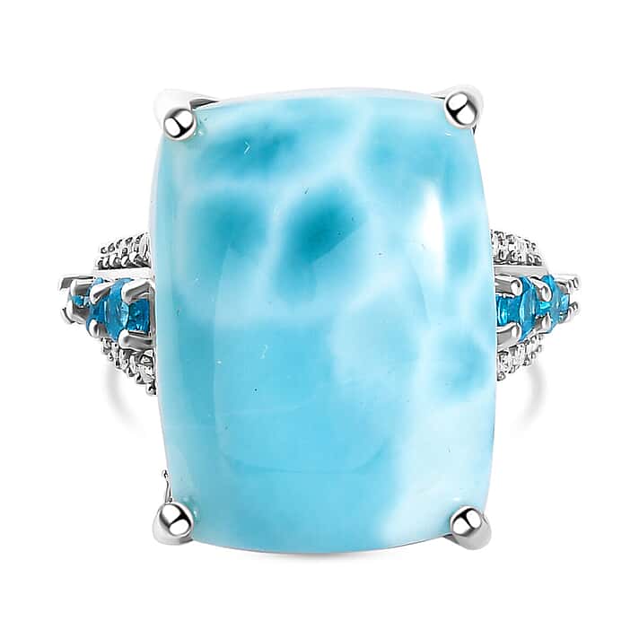 Larimar, Natural Cambodian Zircon and Neon Apatite Ring in Platinum Overlay Sterling Silver 20.039 Ct.Â