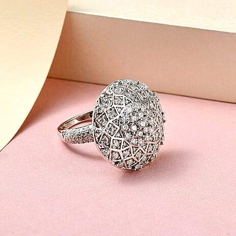 GP Art Deco Collection - Moissanite Cluster Ring in Platinum Overlay Sterling Silver 2.21 Ct, Silver Wt. 8.80 Gms