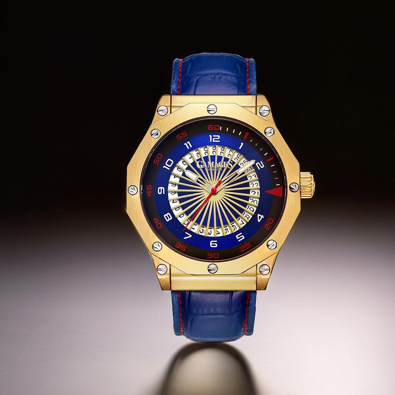 Gamages Of London Hand Assembled Compass Automatic Gold Blue Dial Mens Watch with Blue Leather Strap