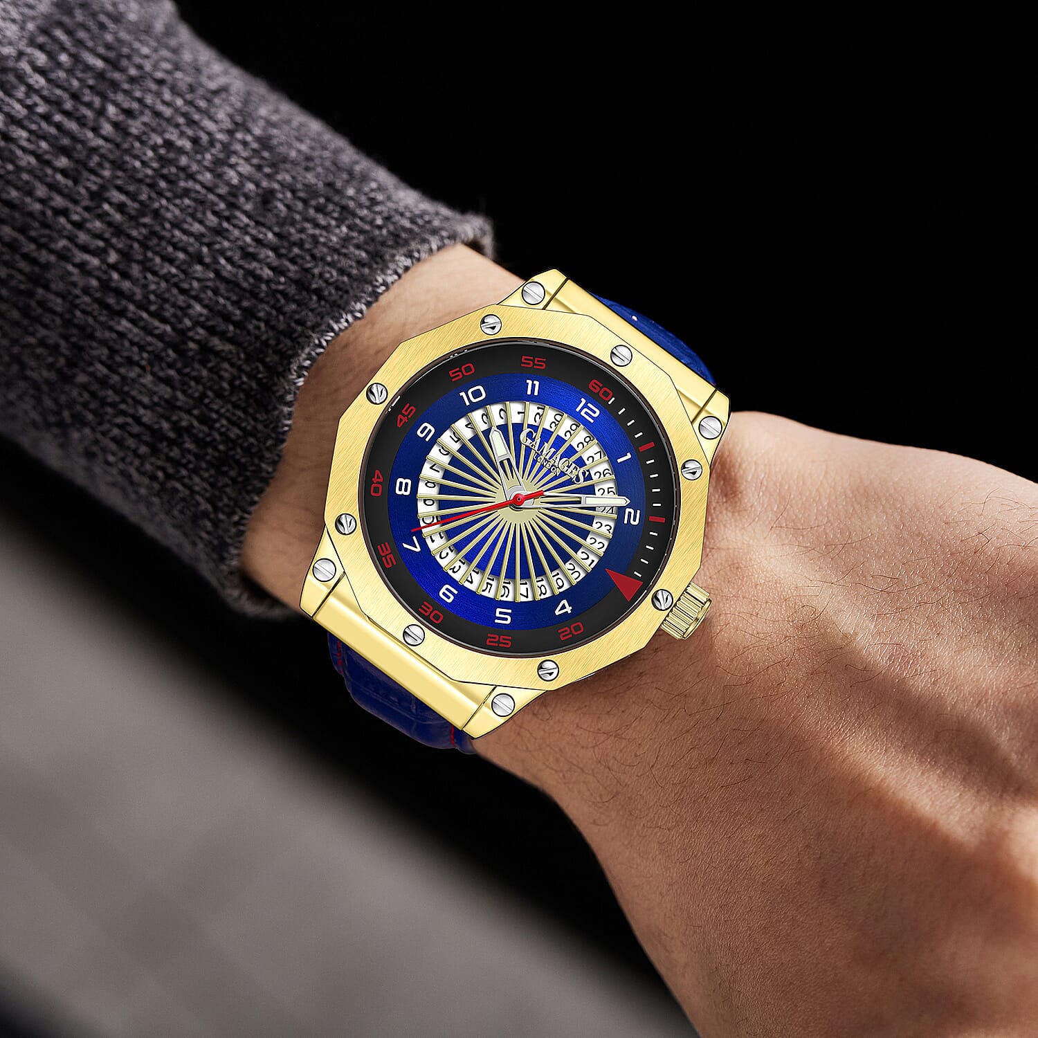 Gamages Of London Hand Assembled Compass Automatic Gold Blue Dial Mens Watch with Blue Leather Strap