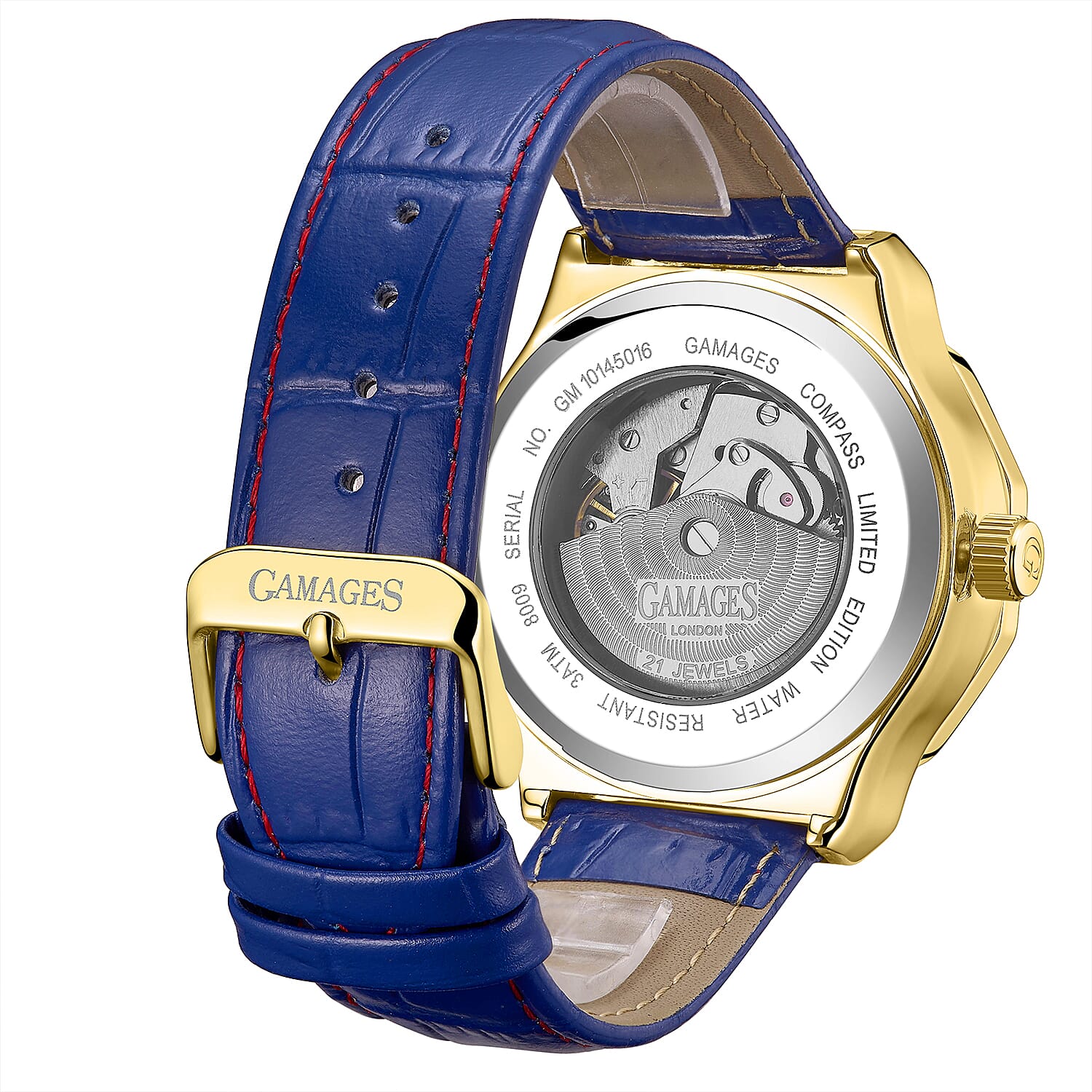 Gamages Of London Hand Assembled Compass Automatic Gold Blue Dial Mens Watch with Blue Leather Strap