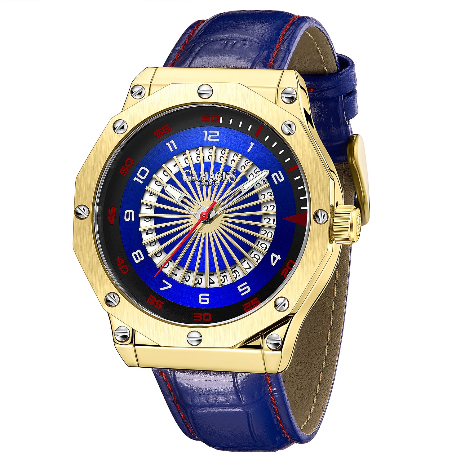 Gamages Of London Hand Assembled Compass Automatic Gold Blue Dial Mens Watch with Blue Leather Strap