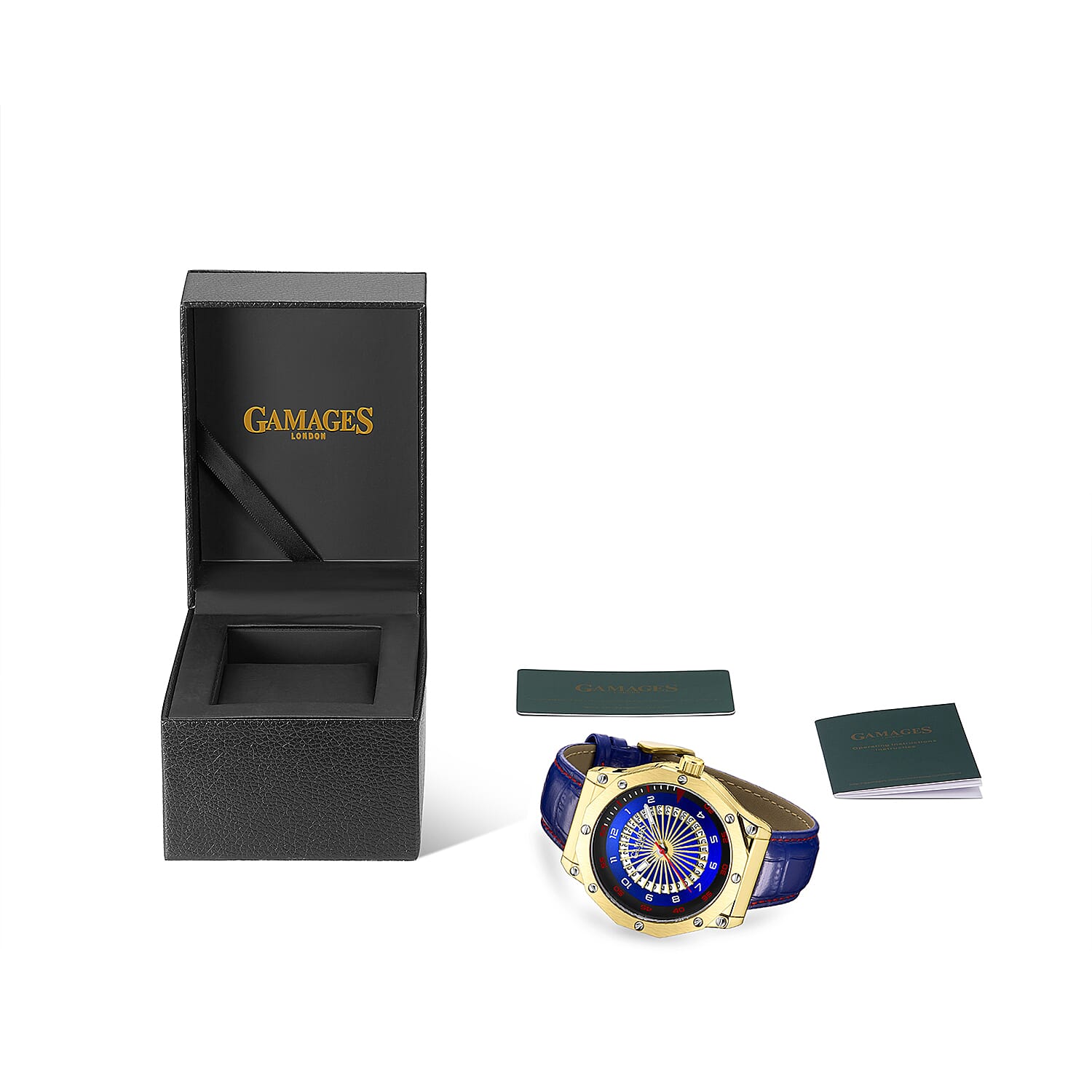 Gamages Of London Hand Assembled Compass Automatic Gold Blue Dial Mens Watch with Blue Leather Strap