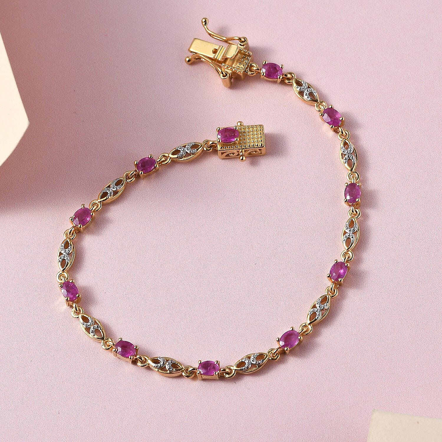 Ruby Fancy Bracelet (Size - 7) in 18K Yellow Gold Vermeil Plated Sterling Silver 2.35 ct, Silver Wt. 6.90 Gms.