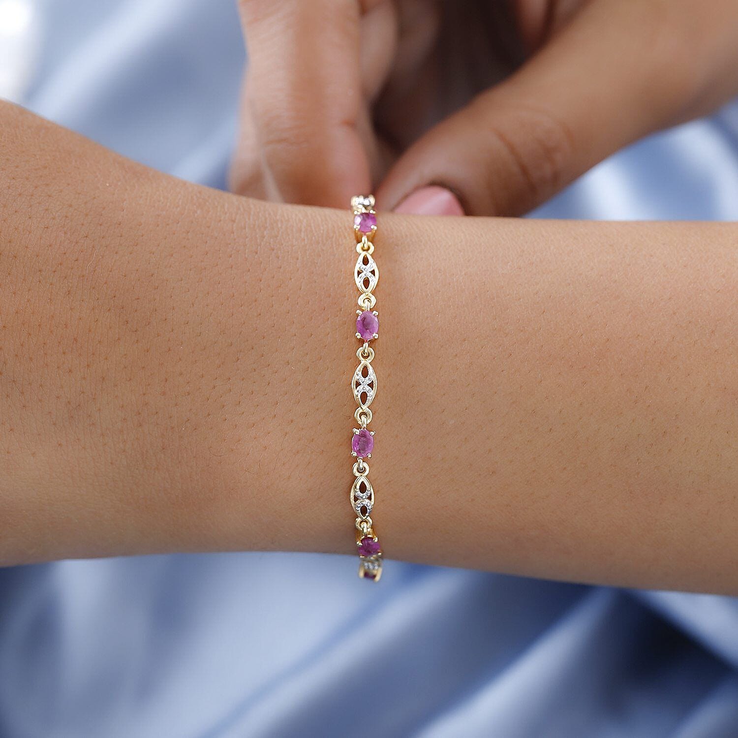 Ruby Fancy Bracelet (Size - 7) in 18K Yellow Gold Vermeil Plated Sterling Silver 2.35 ct, Silver Wt. 6.90 Gms.