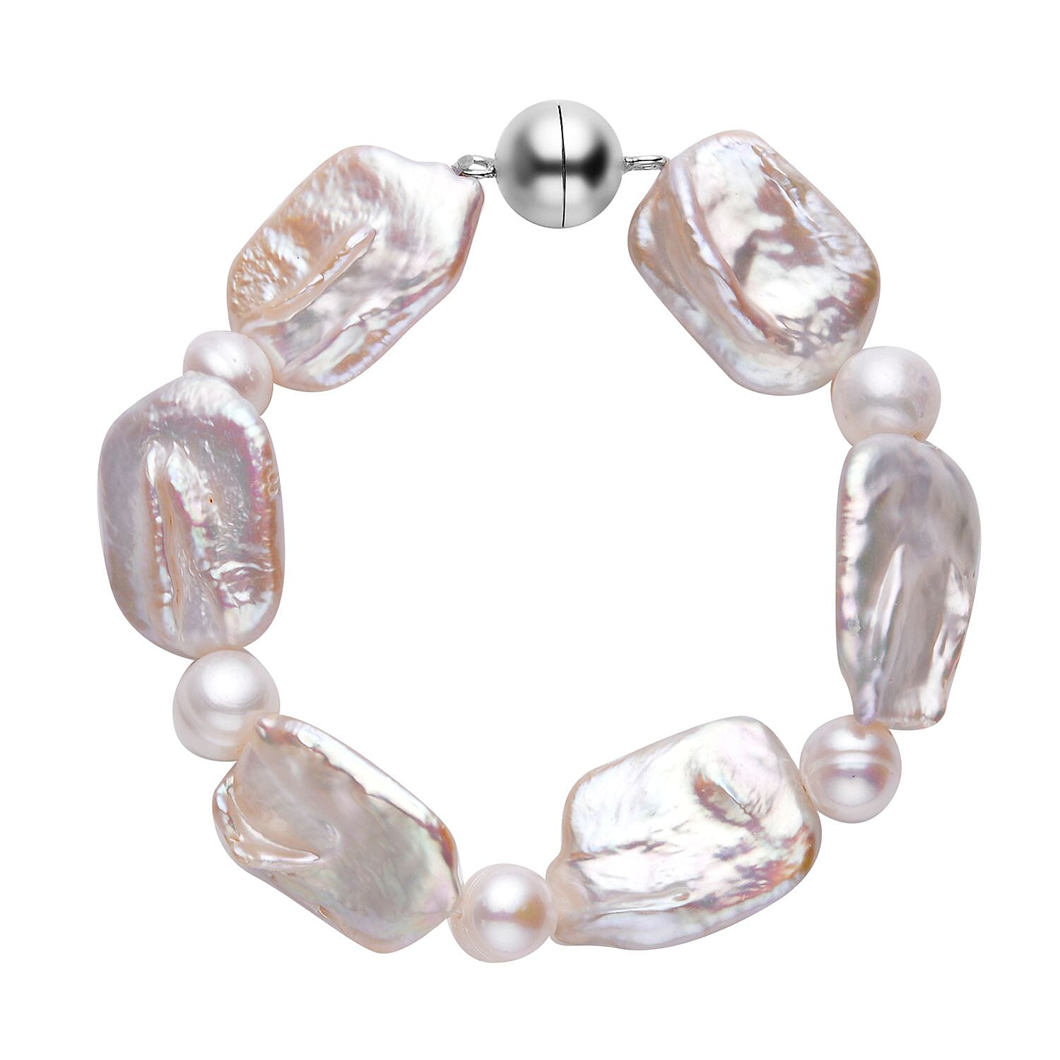 White Keshi Pearl and White Fresh Water Pearl Bracelet (Size - 7) With Magnetic Lock  in Rhodium Overlay Sterling Silver