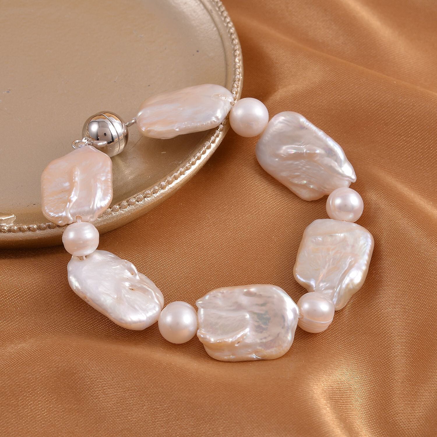 White Keshi Pearl and White Fresh Water Pearl Bracelet (Size - 7) With Magnetic Lock  in Rhodium Overlay Sterling Silver