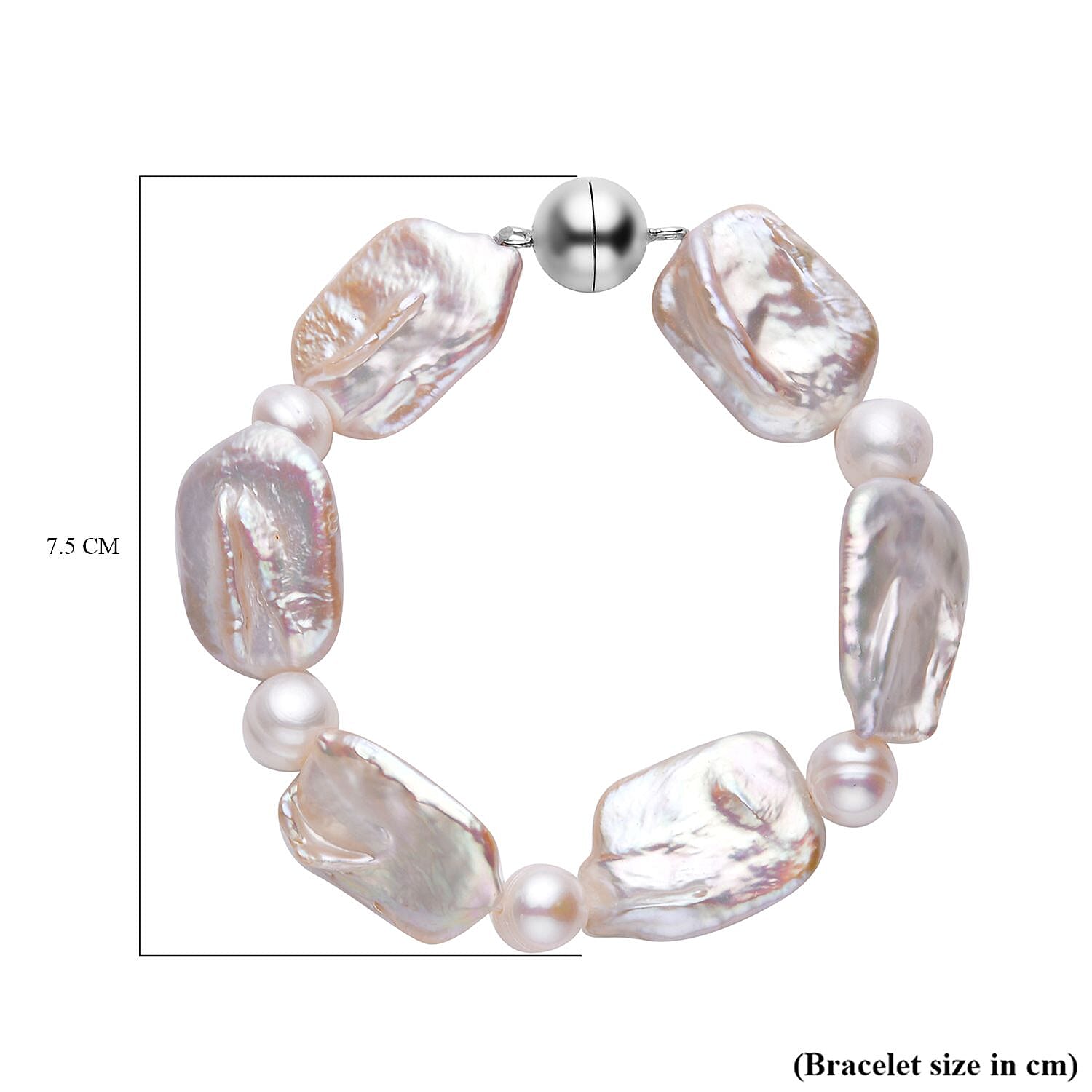 White Keshi Pearl and White Fresh Water Pearl Bracelet (Size - 7) With Magnetic Lock  in Rhodium Overlay Sterling Silver