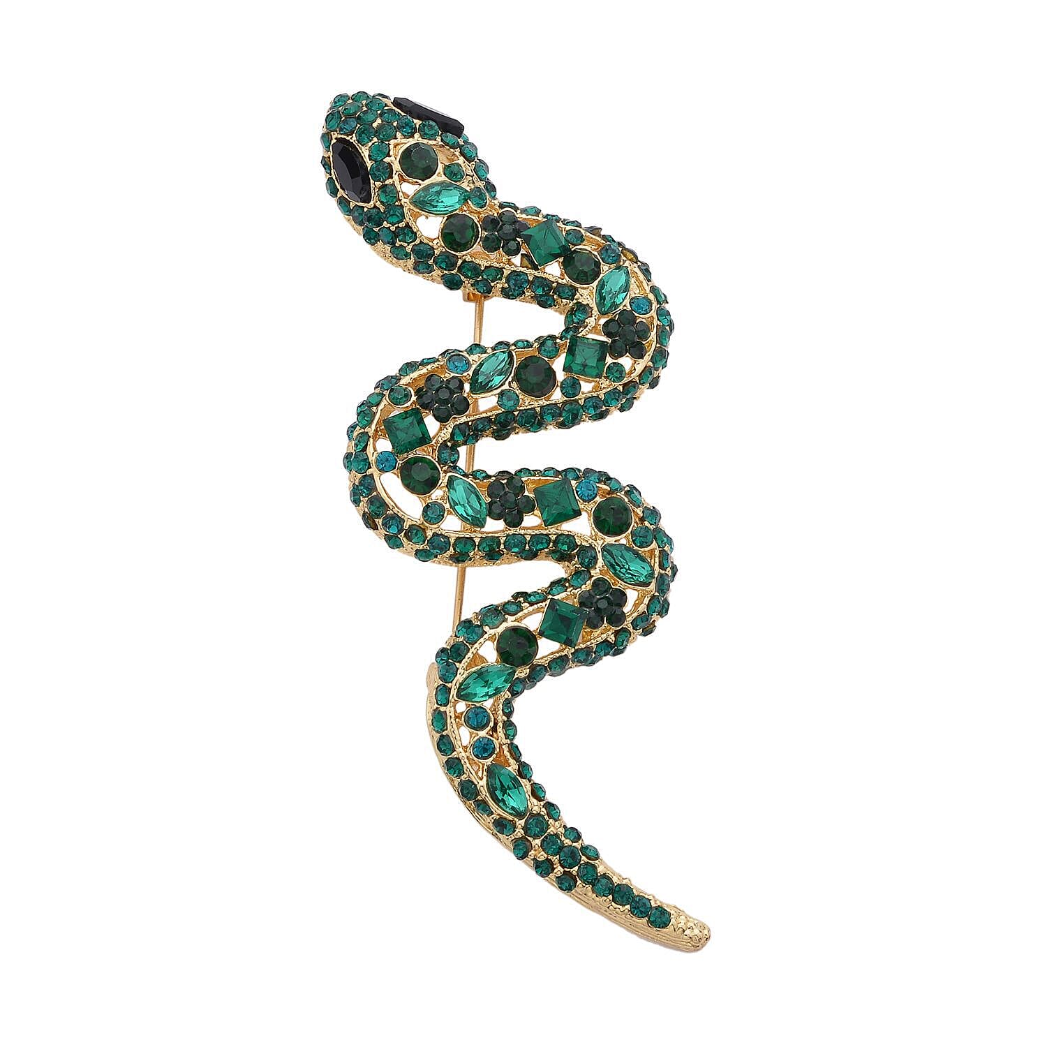 Simulated Black Spinel, Simulated Chrome Diopside and Green Austrian Crystal Snake Brooch in Yellow Gold Tone.