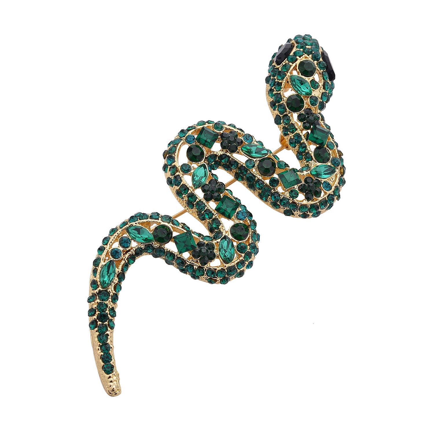 Simulated Black Spinel, Simulated Chrome Diopside and Green Austrian Crystal Snake Brooch in Yellow Gold Tone.