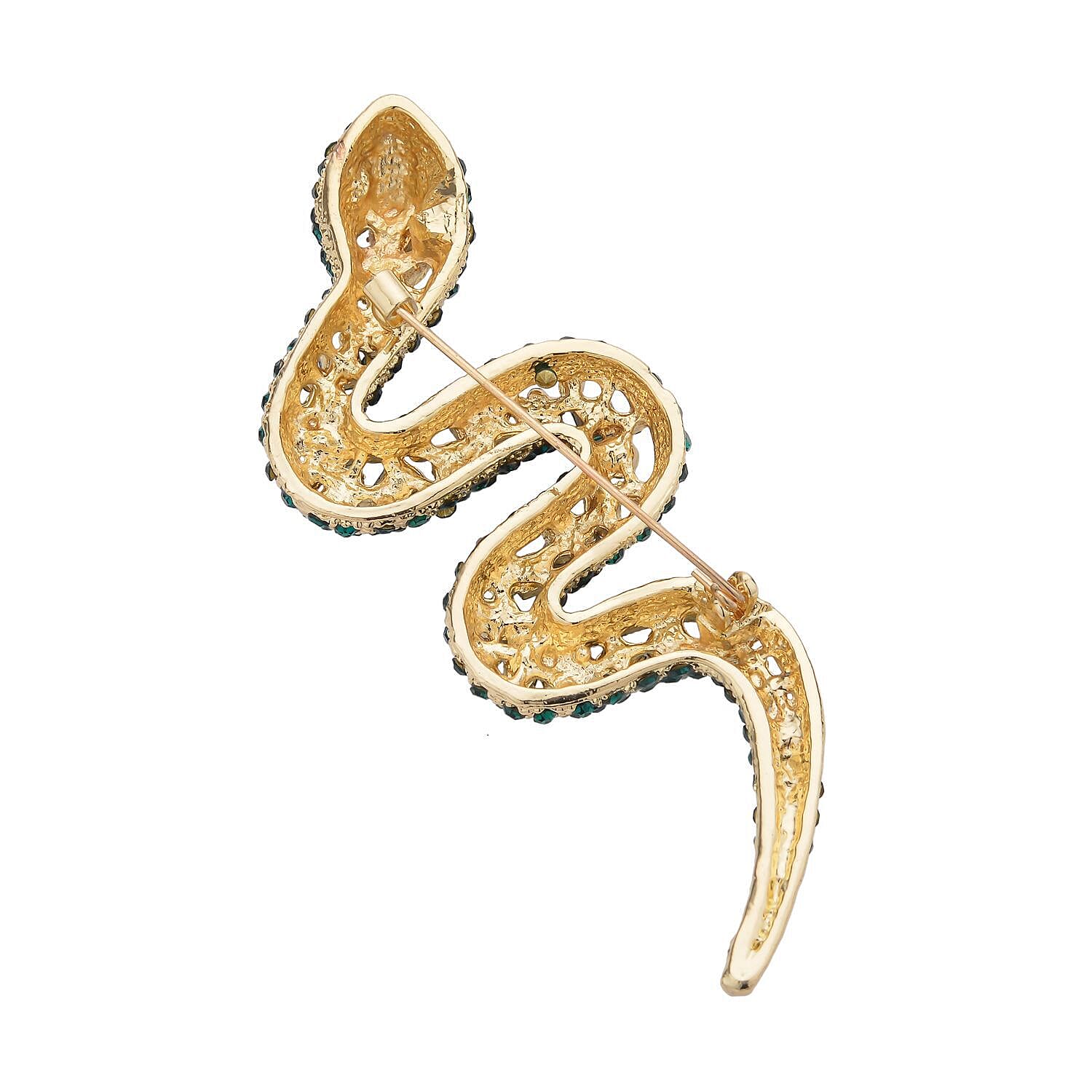 Simulated Black Spinel, Simulated Chrome Diopside and Green Austrian Crystal Snake Brooch in Yellow Gold Tone.