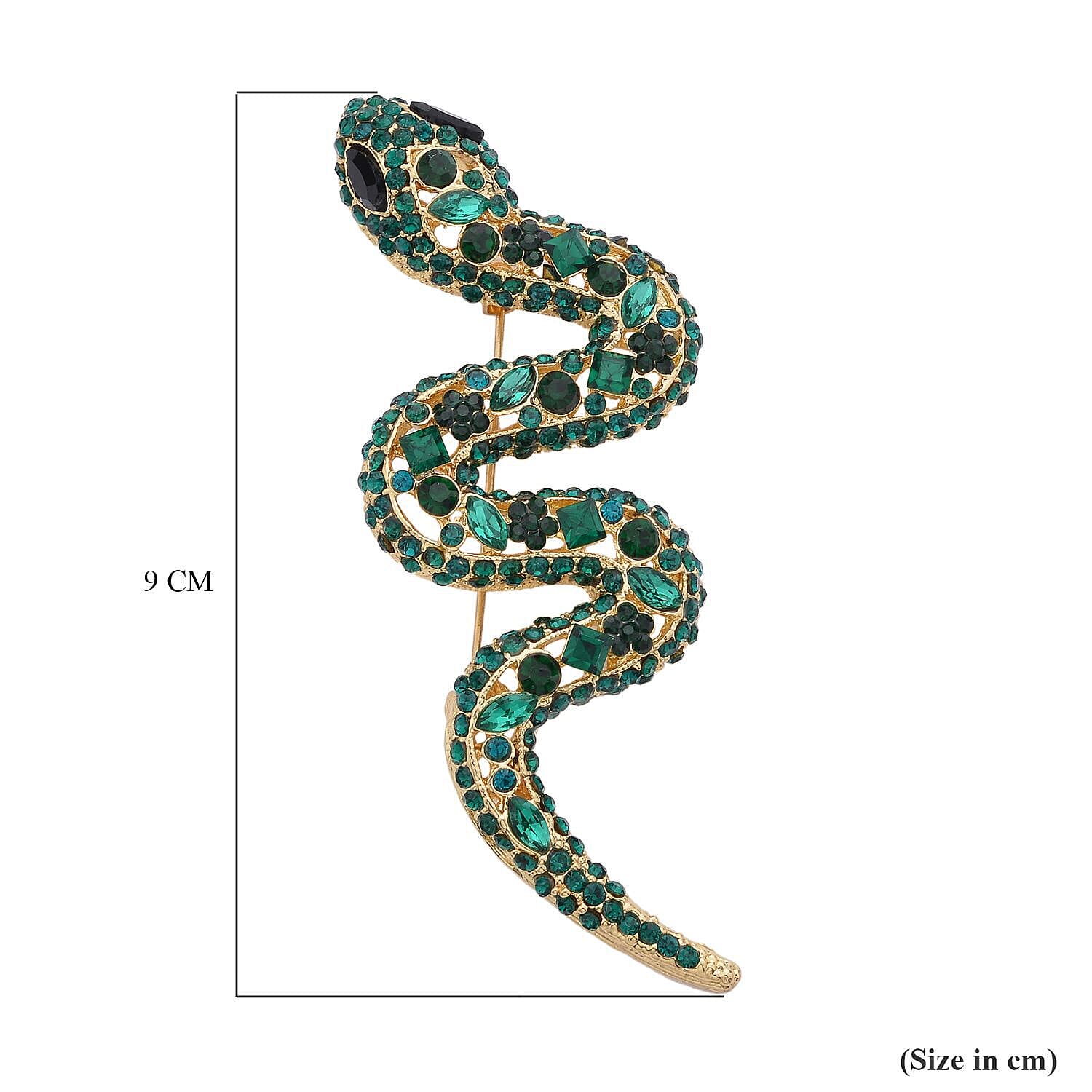 Simulated Black Spinel, Simulated Chrome Diopside and Green Austrian Crystal Snake Brooch in Yellow Gold Tone.