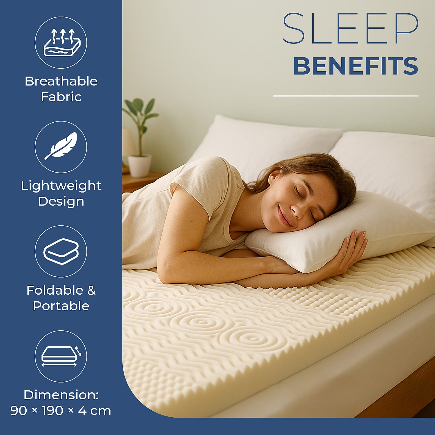 HUSH HAVEN 7 Zone Contoured 100% Memory Foam Deluxe Mattress Topper (Size 190x90x4 cm) - White