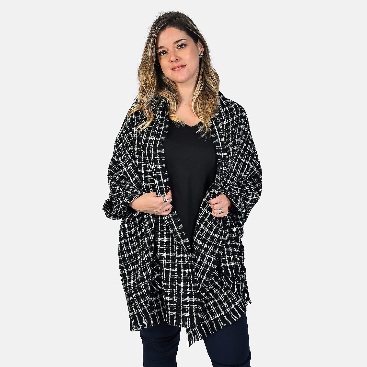 Small Checkered Pattern Tweed Blanket Scarf (Size 190x72 Cm) - Black - White