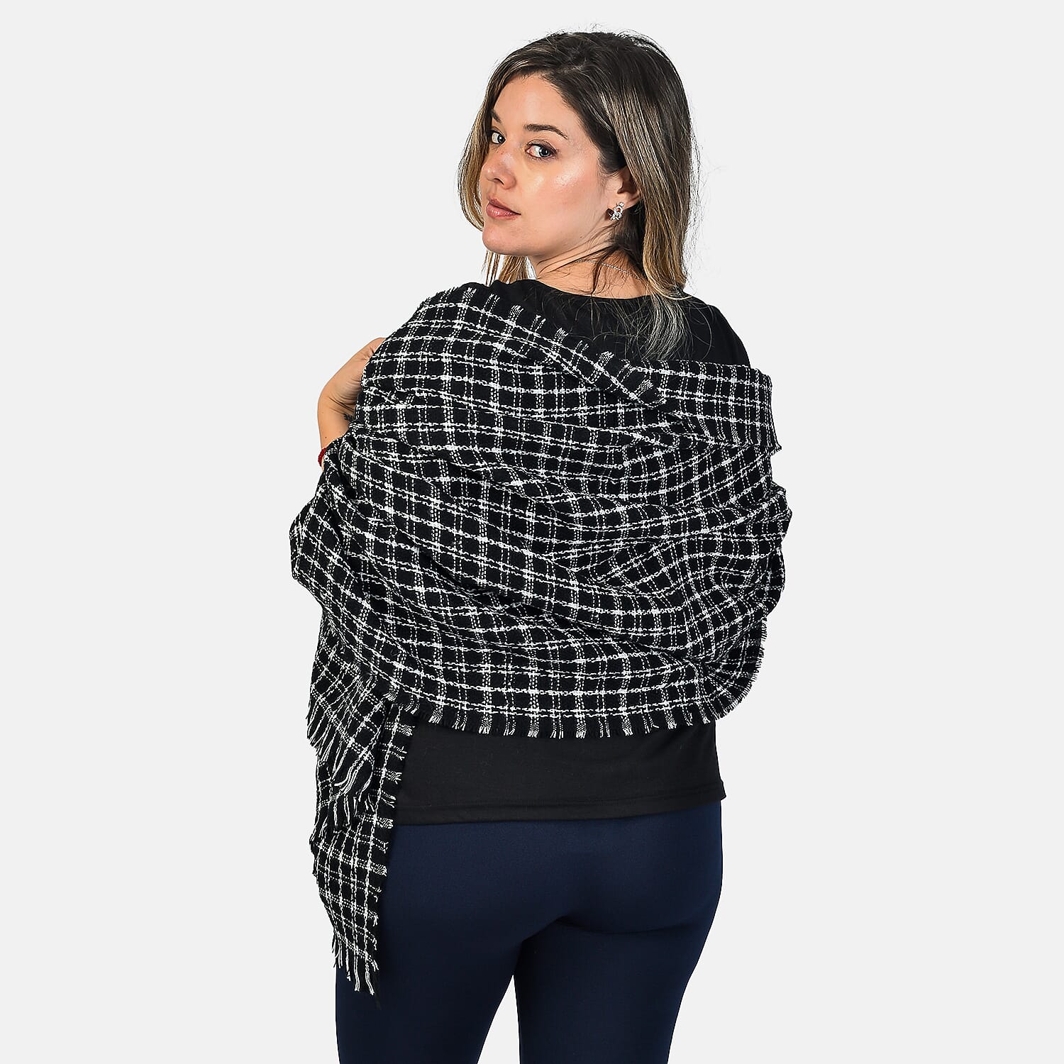 Small Checkered Pattern Tweed Blanket Scarf (Size 190x72 Cm) - Black - White