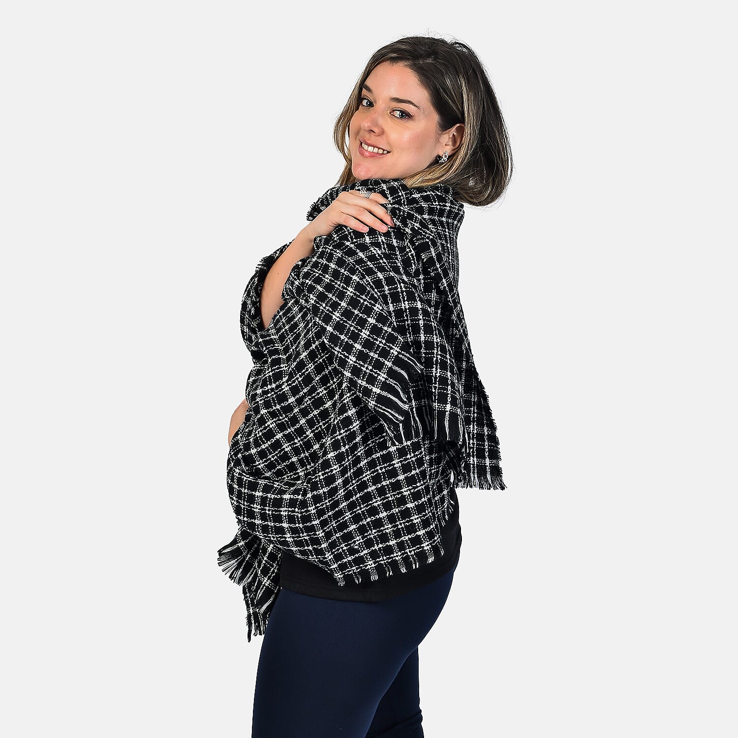 Small Checkered Pattern Tweed Blanket Scarf (Size 190x72 Cm) - Black - White