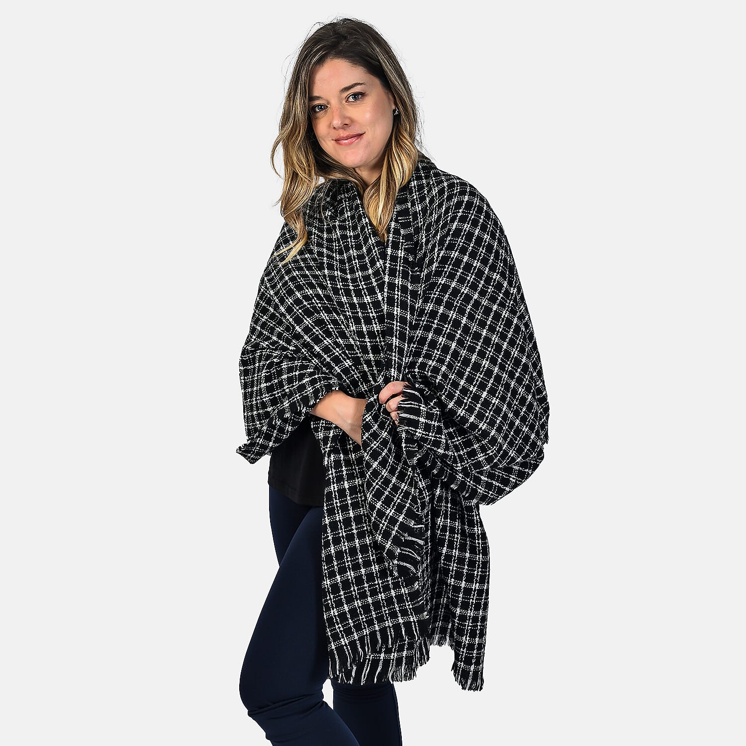 Small Checkered Pattern Tweed Blanket Scarf (Size 190x72 Cm) - Black - White