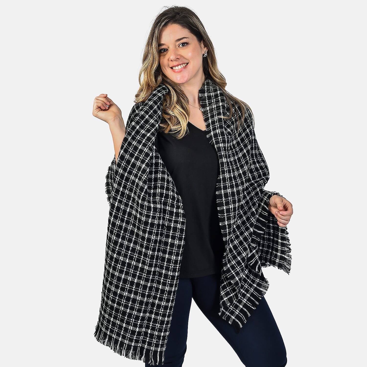 Small Checkered Pattern Tweed Blanket Scarf (Size 190x72 Cm) - Black - White