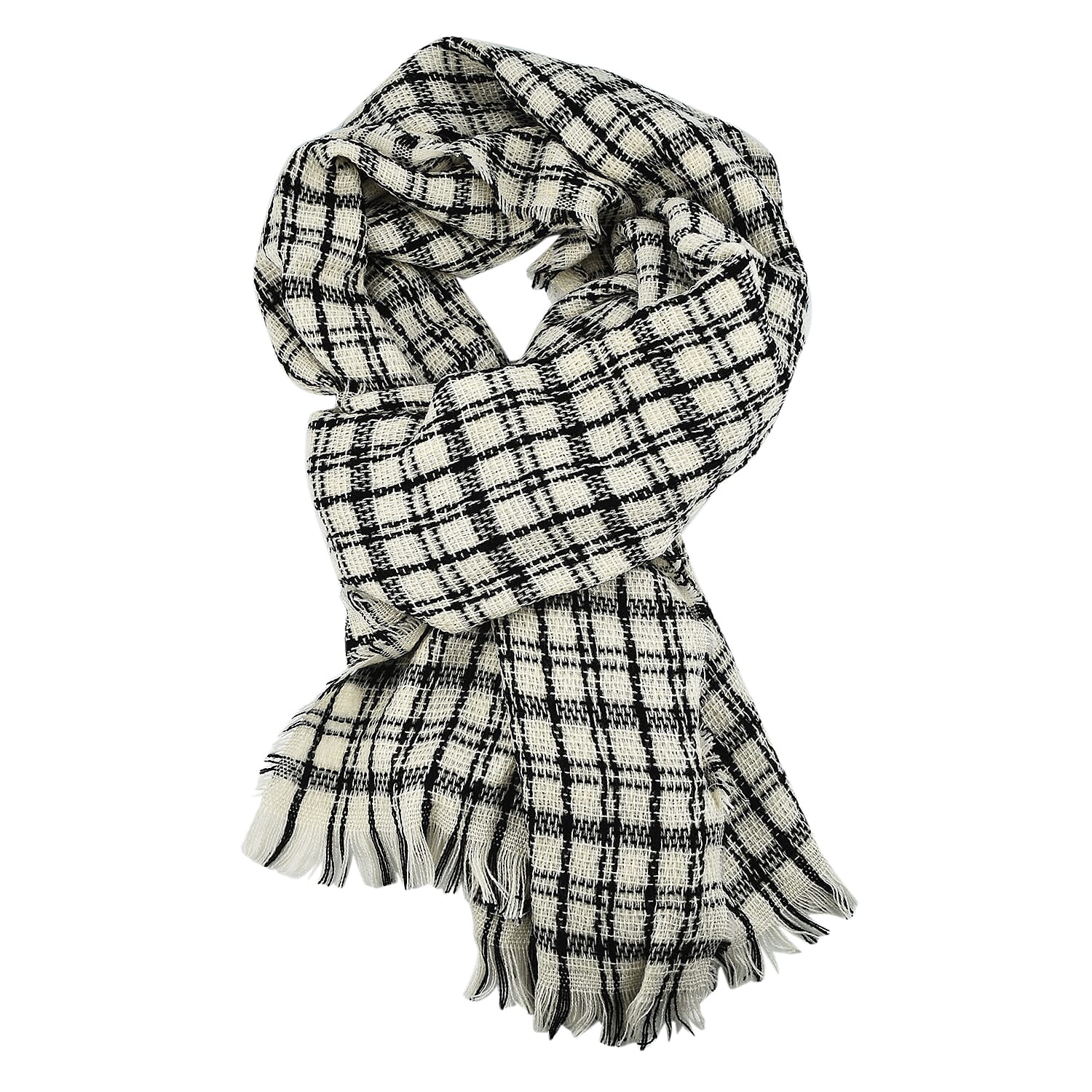 Small Checkered Pattern Tweed Blanket Scarf (Size 190x72 Cm) - Off White - Black
