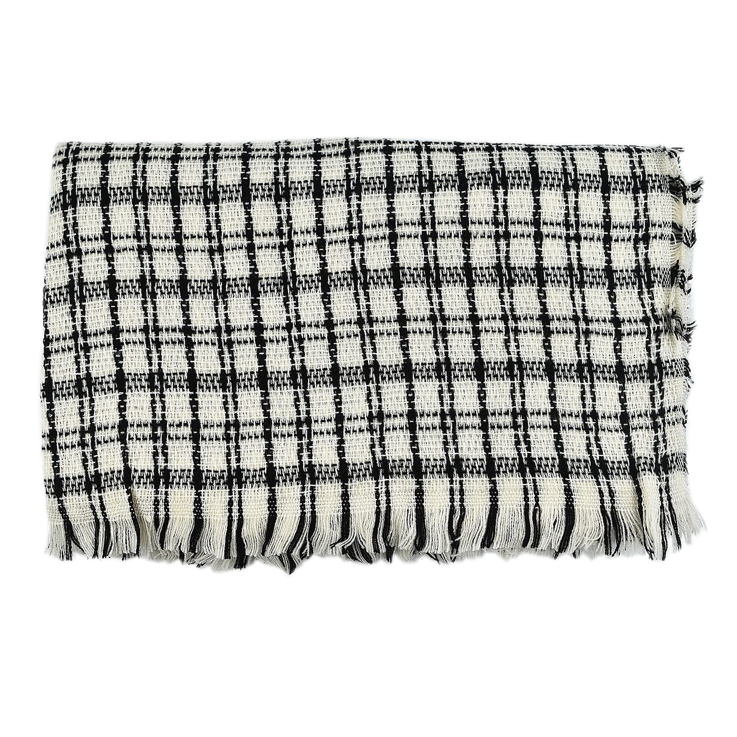 Small Checkered Pattern Tweed Blanket Scarf (Size 190x72 Cm) - Off White - Black