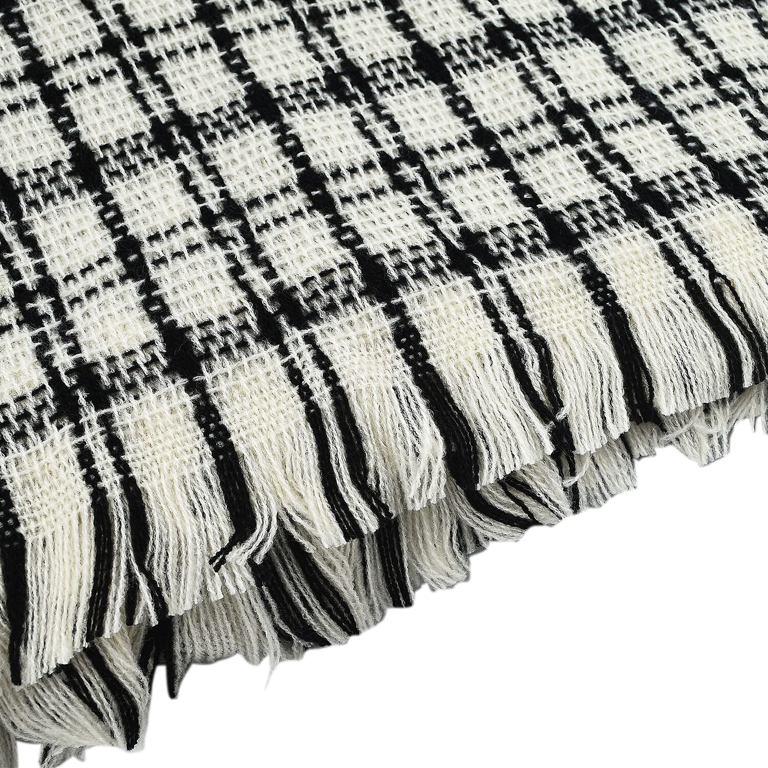 Small Checkered Pattern Tweed Blanket Scarf (Size 190x72 Cm) - Off White - Black