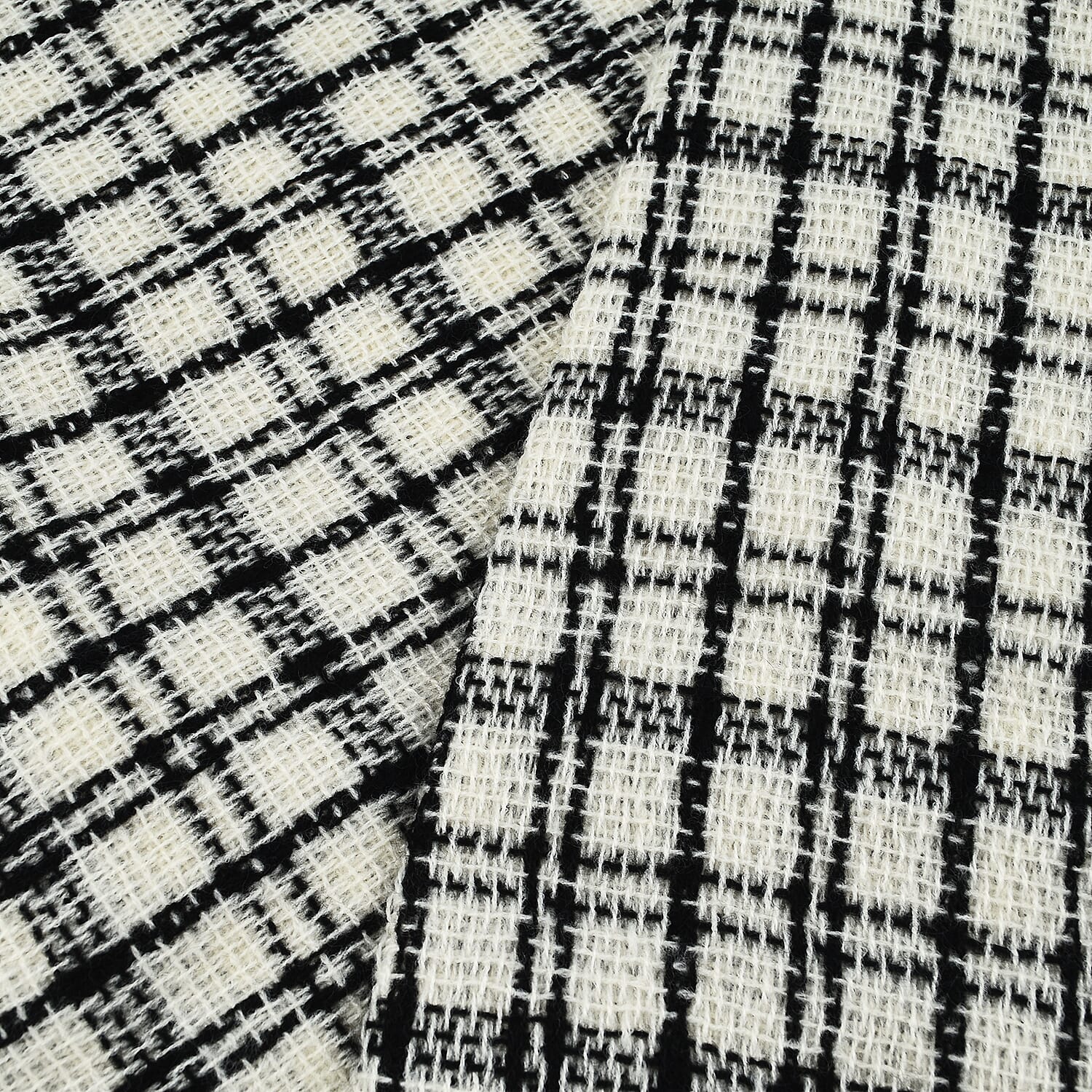 Small Checkered Pattern Tweed Blanket Scarf (Size 190x72 Cm) - Off White - Black