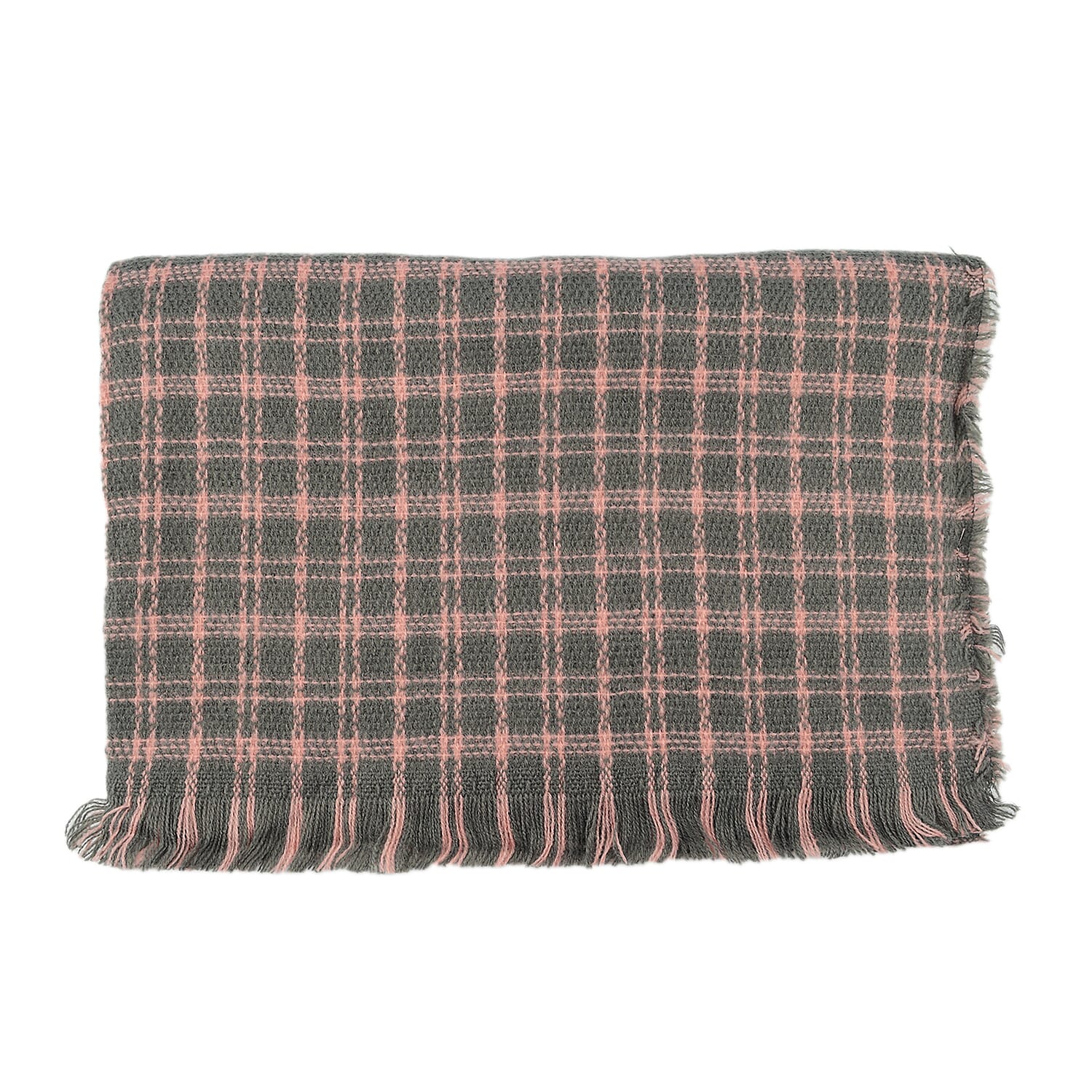 Small Checkered Pattern Tweed Blanket Scarf (Size 190x72 Cm) - Grey - Baby Pink
