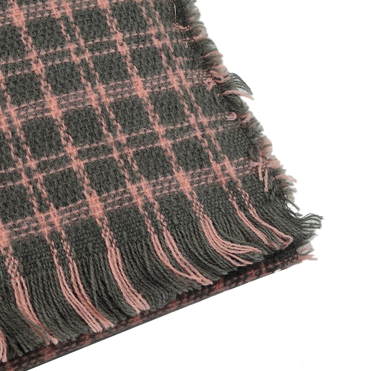 Small Checkered Pattern Tweed Blanket Scarf (Size 190x72 Cm) - Grey - Baby Pink