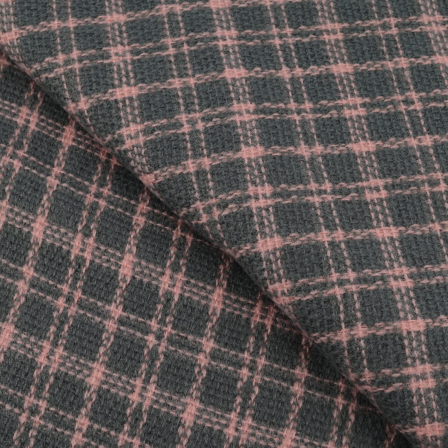 Small Checkered Pattern Tweed Blanket Scarf (Size 190x72 Cm) - Grey - Baby Pink