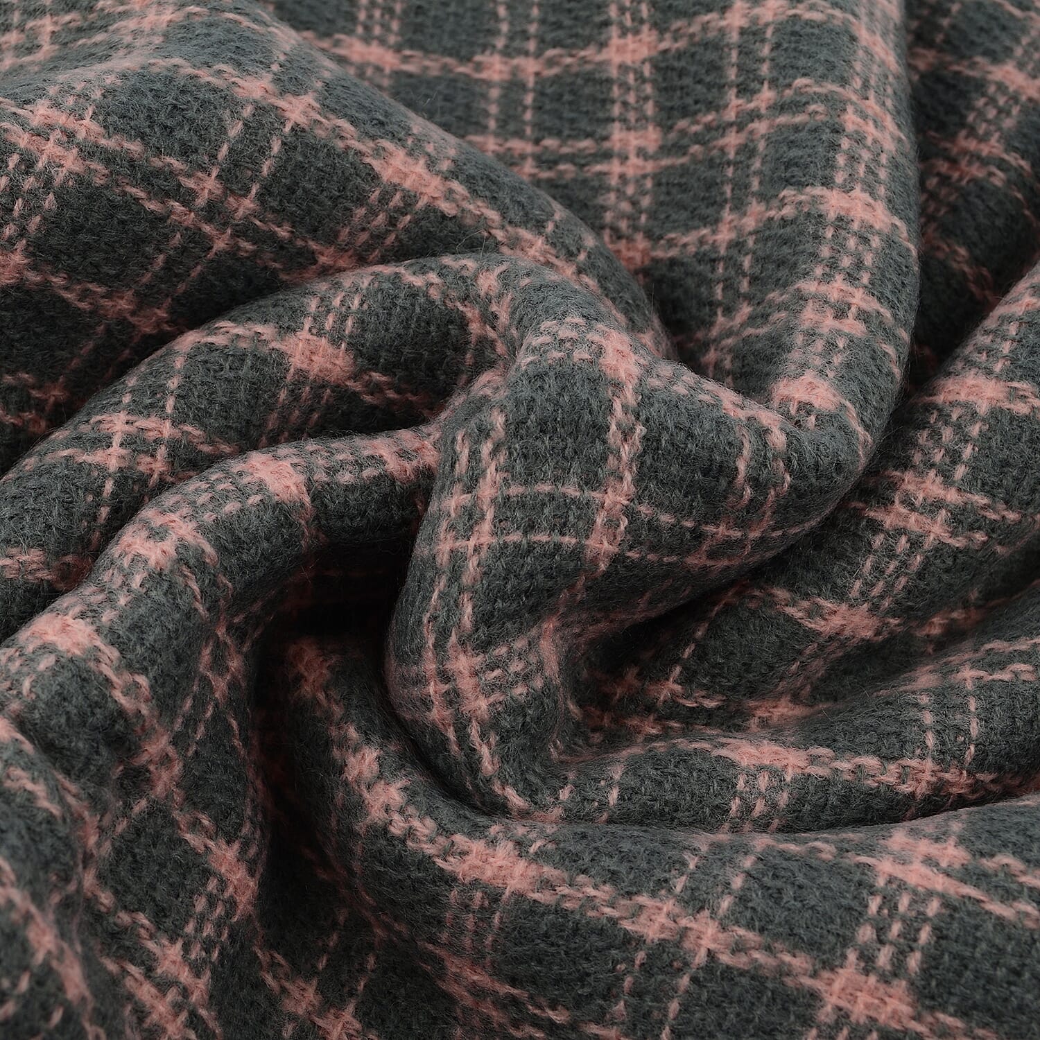 Small Checkered Pattern Tweed Blanket Scarf (Size 190x72 Cm) - Grey - Baby Pink